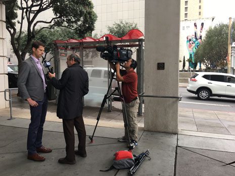 Professor Dave Owen preparing for his interview with KPIX 5 News on the future of environmental law under the Trump Administration.
