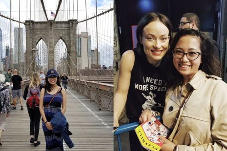 Rising 3L Liz Medrano walking the Brooklyn Bridge and posing with actress Olivia Wilde after a performance of 