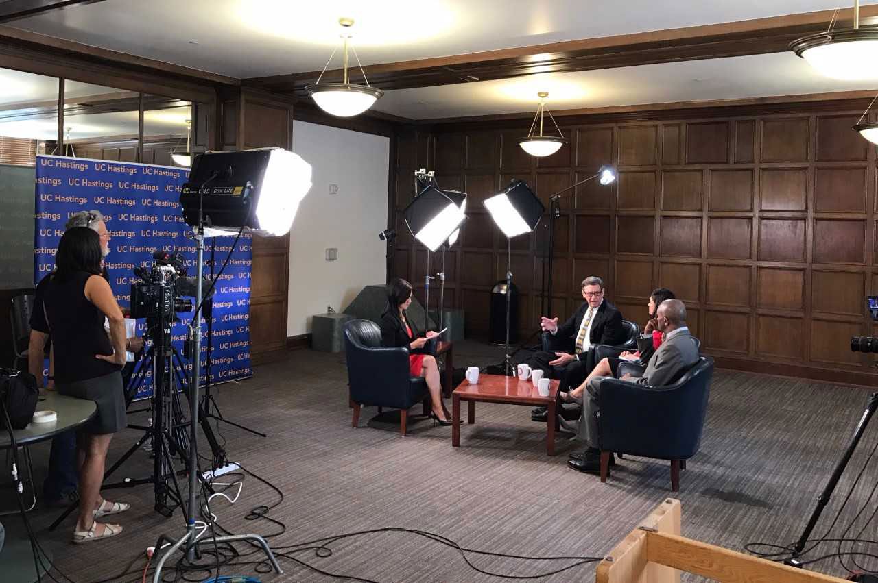 The Clara Foltz lounge was transformed into a television studio to film an episode of KQED Newsroom featuring Professor Rory Little.