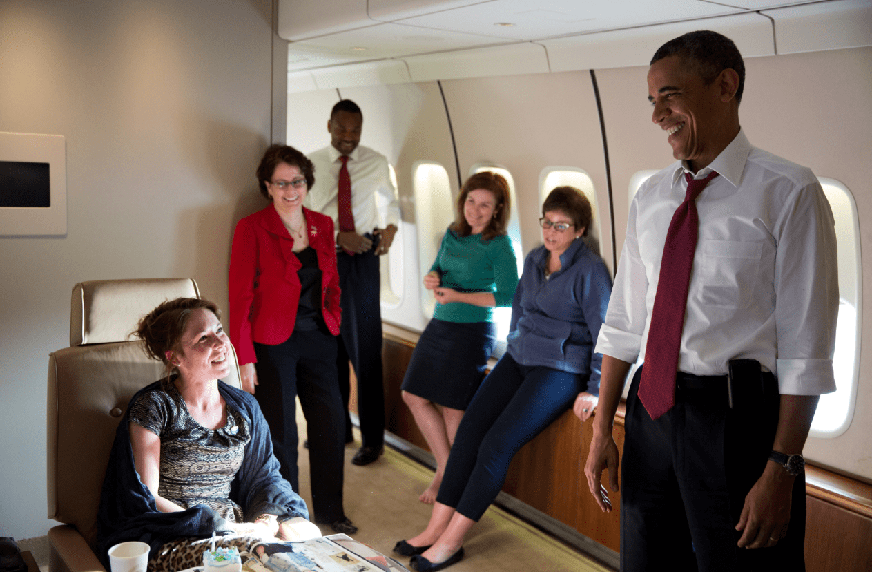 Hall on Air Force One with President Obama. He had just sung her happy birthday on a flight back from Costa Rica.