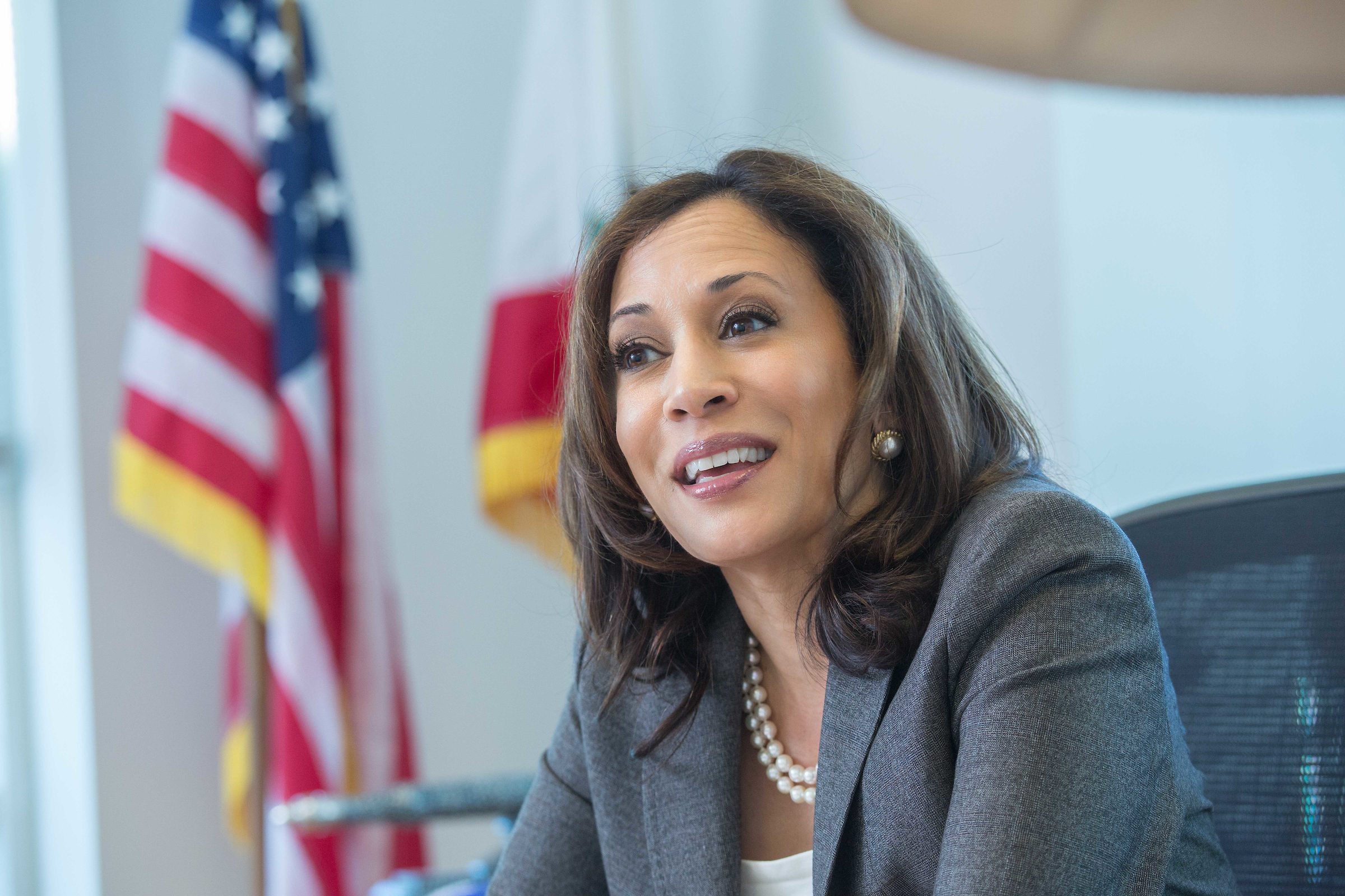 Kamala Harris Sitting and smiling with an American Flag Behind Her