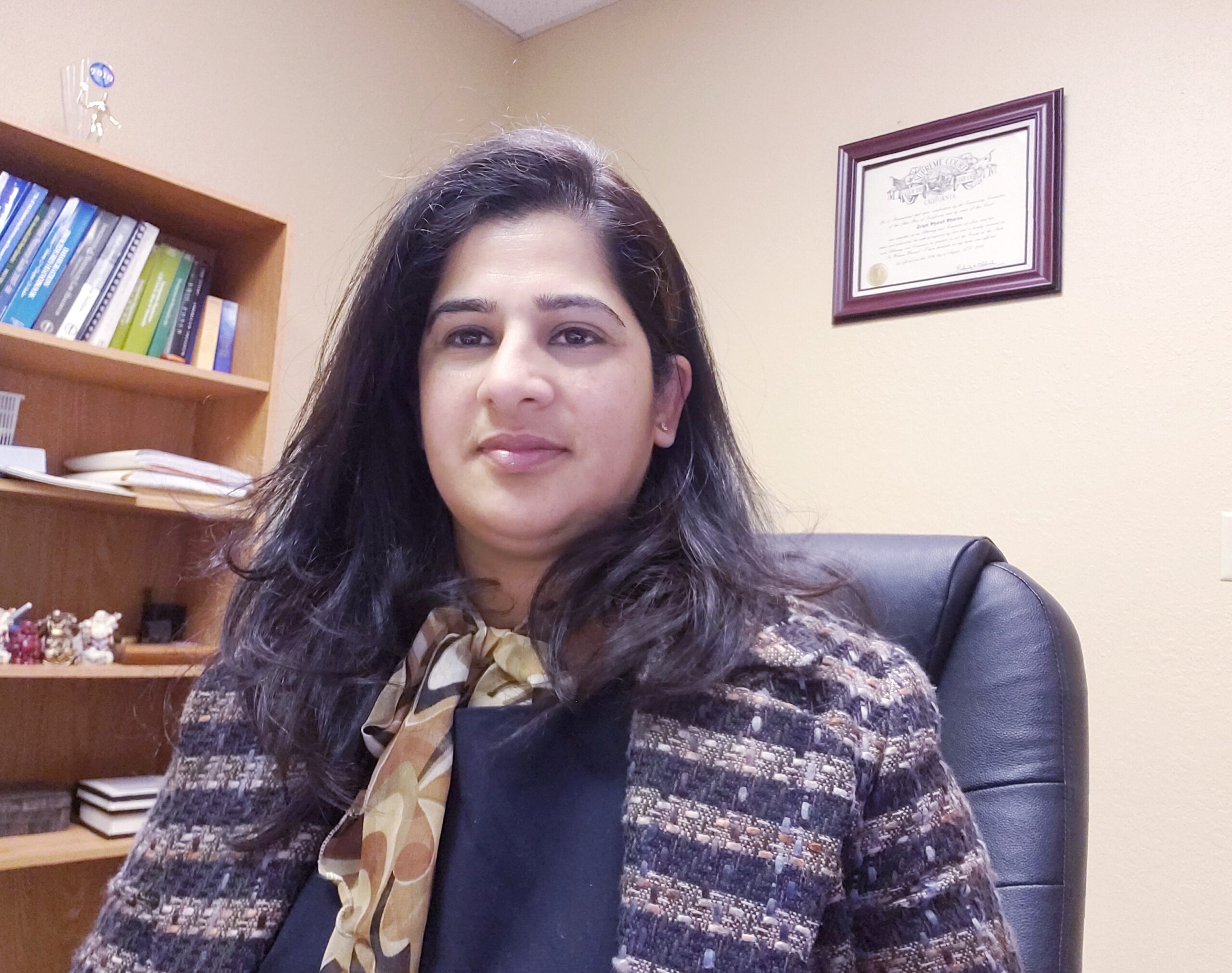 Woman wearing a brown striped suit jacket, brown top and yellow scarf, smiling and looking at the camera. Backdrop: Bookshelf with books and a framed degree hanging on the wall