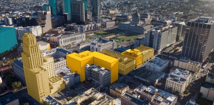 Digital aerial rendering of a building highlighted in yellow amongst a rendering of downtown city and buildings