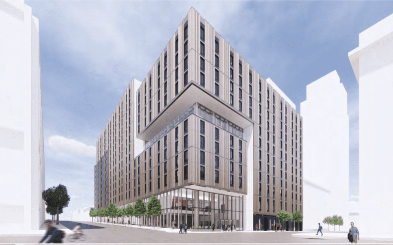 A digital rendering of the future 198 McAllister Building, gray multi-story building
