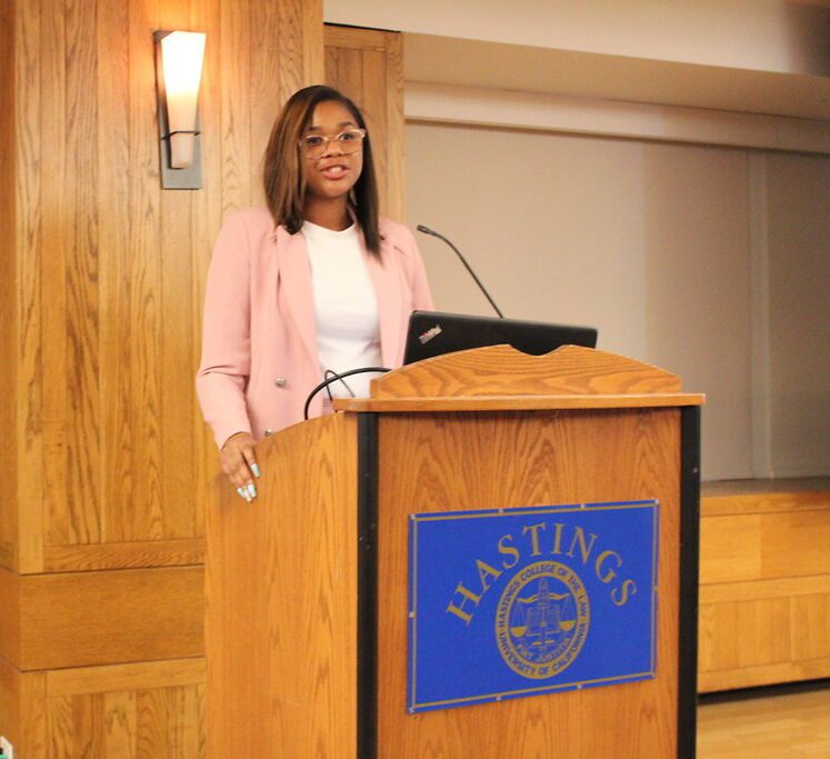 Nikayla Johnson gives a speech at UC Law SF law school.