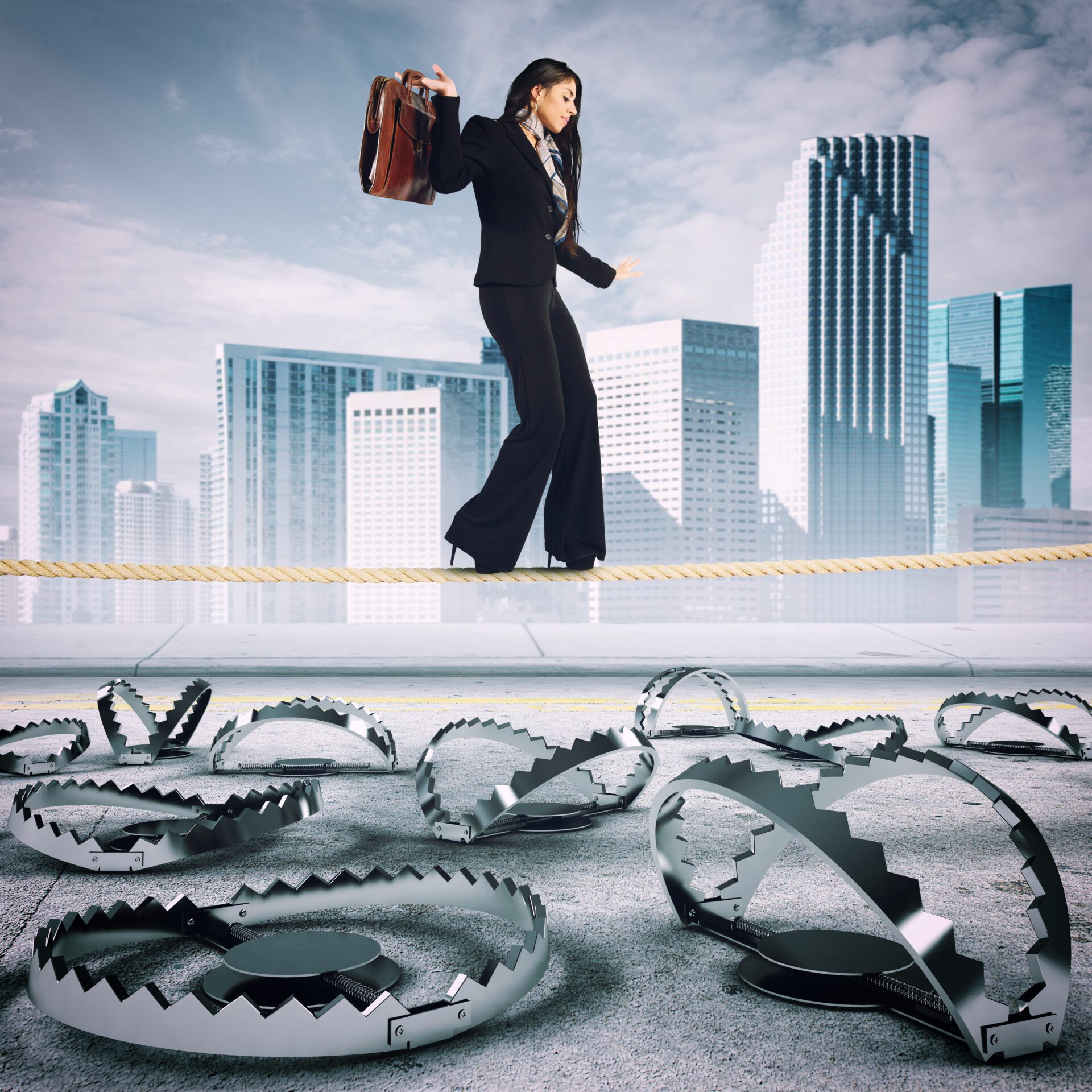 A woman in business atire with a briefcase walks on a yellow tight rope over silver bear claw traps with city skyscrapers in the background