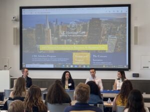 Goodwin attorneys participated in a panel discussion about startups and venture law practices in a classroom setting.