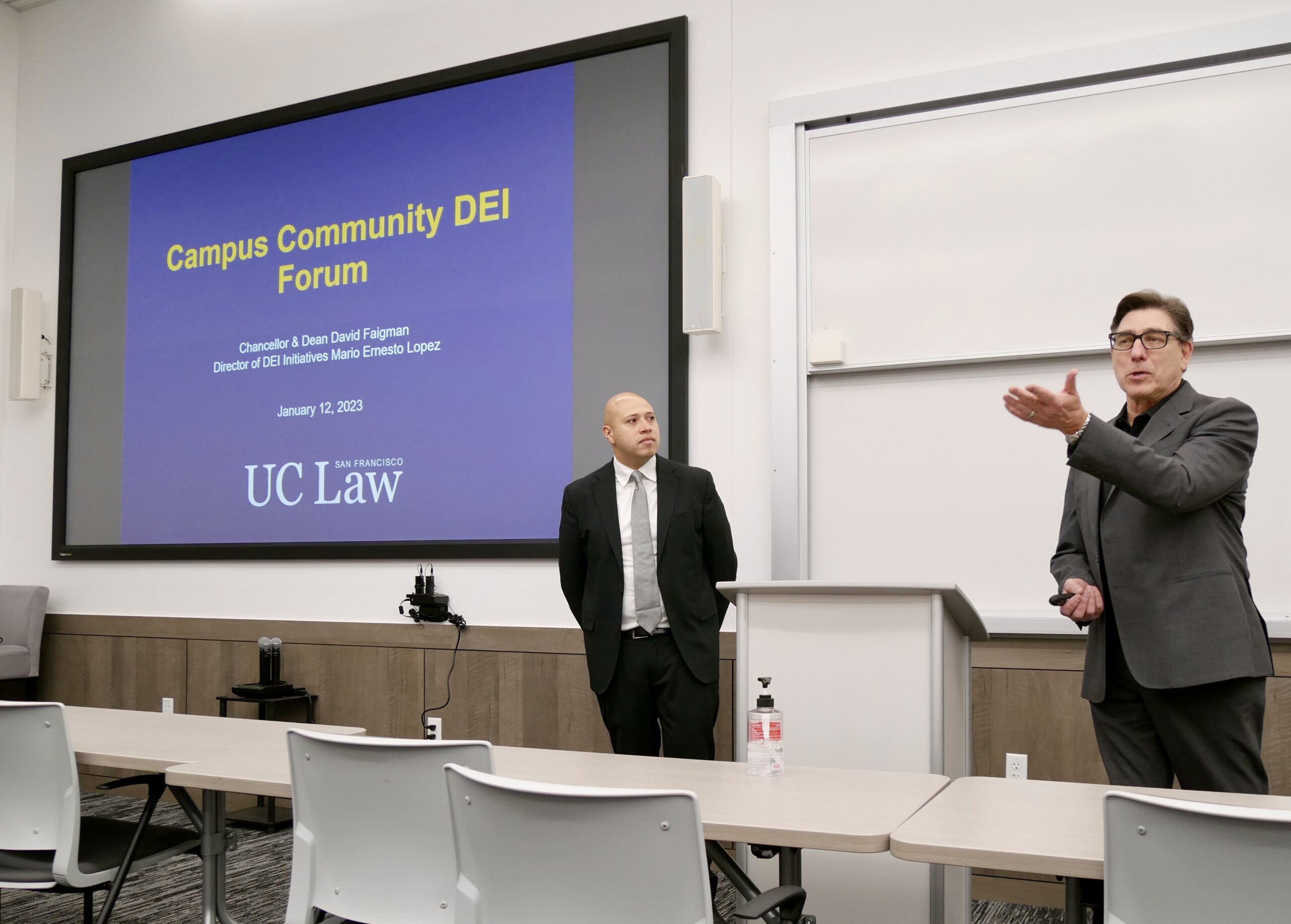 Director of Diversity, Equity, and Inclusion Mario Lopez '15 and Chancellor and Dean David Faigman discussed efforts to promote an inclusive campus environment at a forum in January.