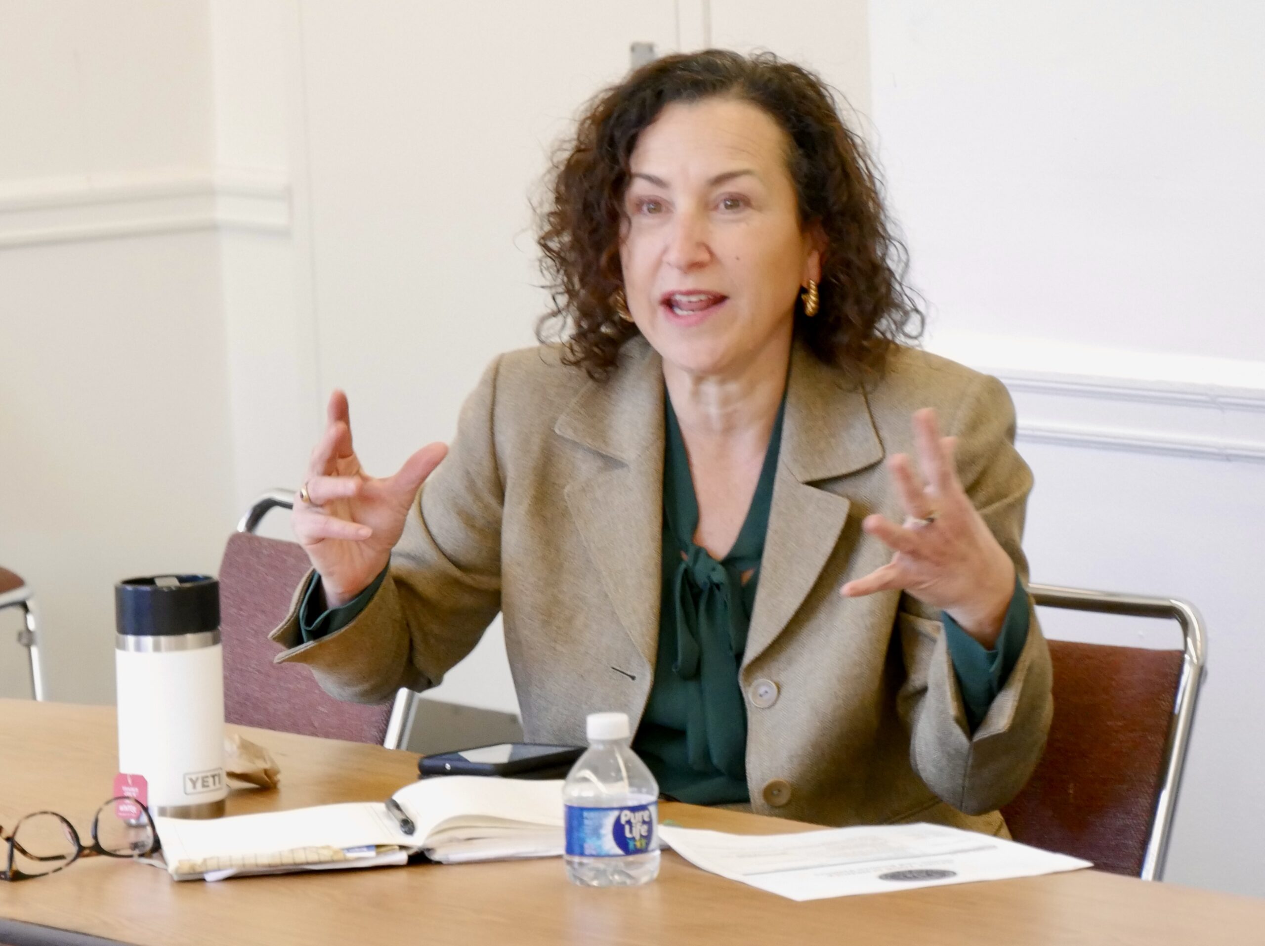 Gail Silverstein, associate dean at UC Law SF, gestures while discussing experiential learning programs during a meeting with faculty members.