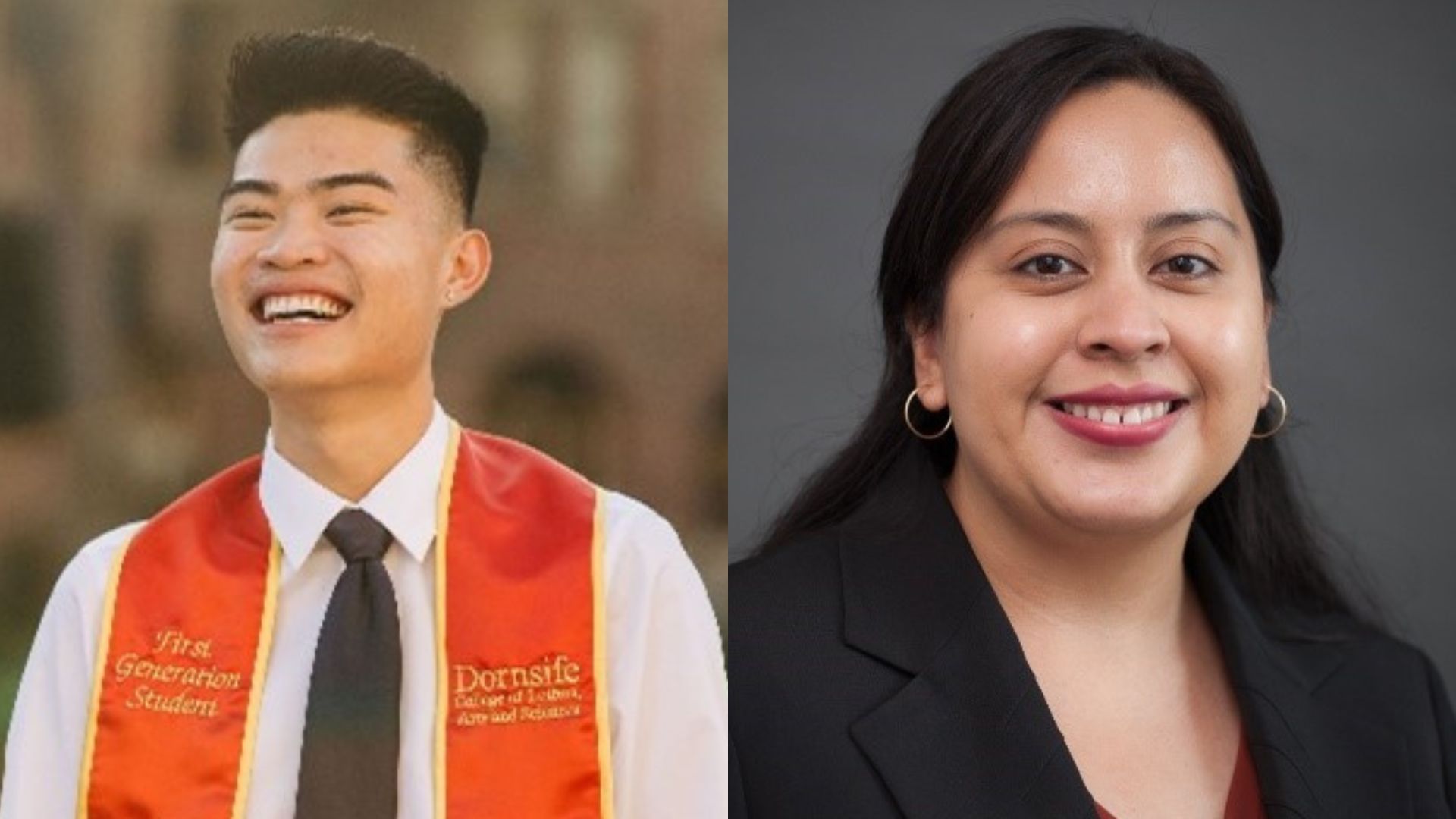Simon Luu and Jacqueline Mejía-Cuéllar are featured in a photo celebrating their recognition as 2022-23 Wilson Sonsini Foundation Diversity Scholars.