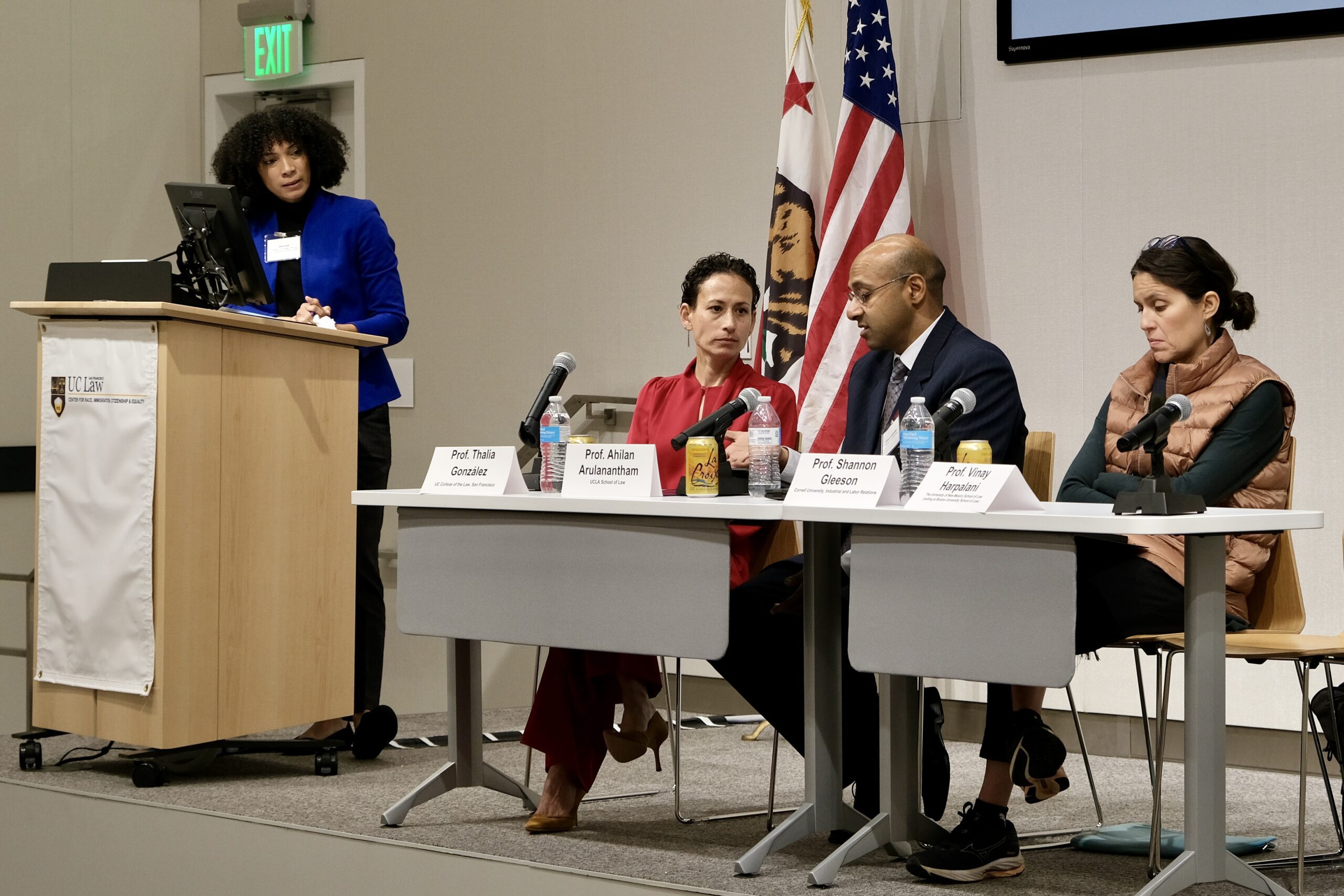 Professor Alina Ball, co-director of the Center for Racial and Economic Justice (CREJ) at UC Law SF, moderated a panel on "Limits on Citizenship from Schools to the Workplace" with fellow CREJ Co-Director and UC Law SF Professor Thalia González, UCLA Law Professor Ahilan Arulanantham, and Shannon Gleeson, professor of industrial and labor relations at Cornell University.