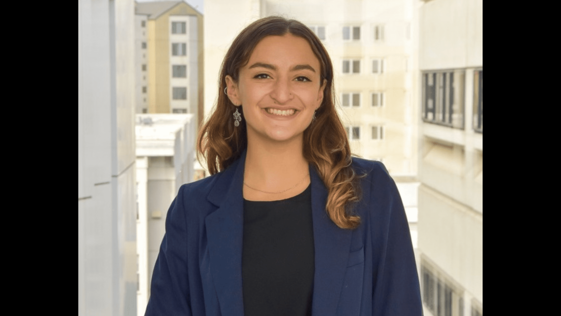 Talia Horrow on the campus skybridge.