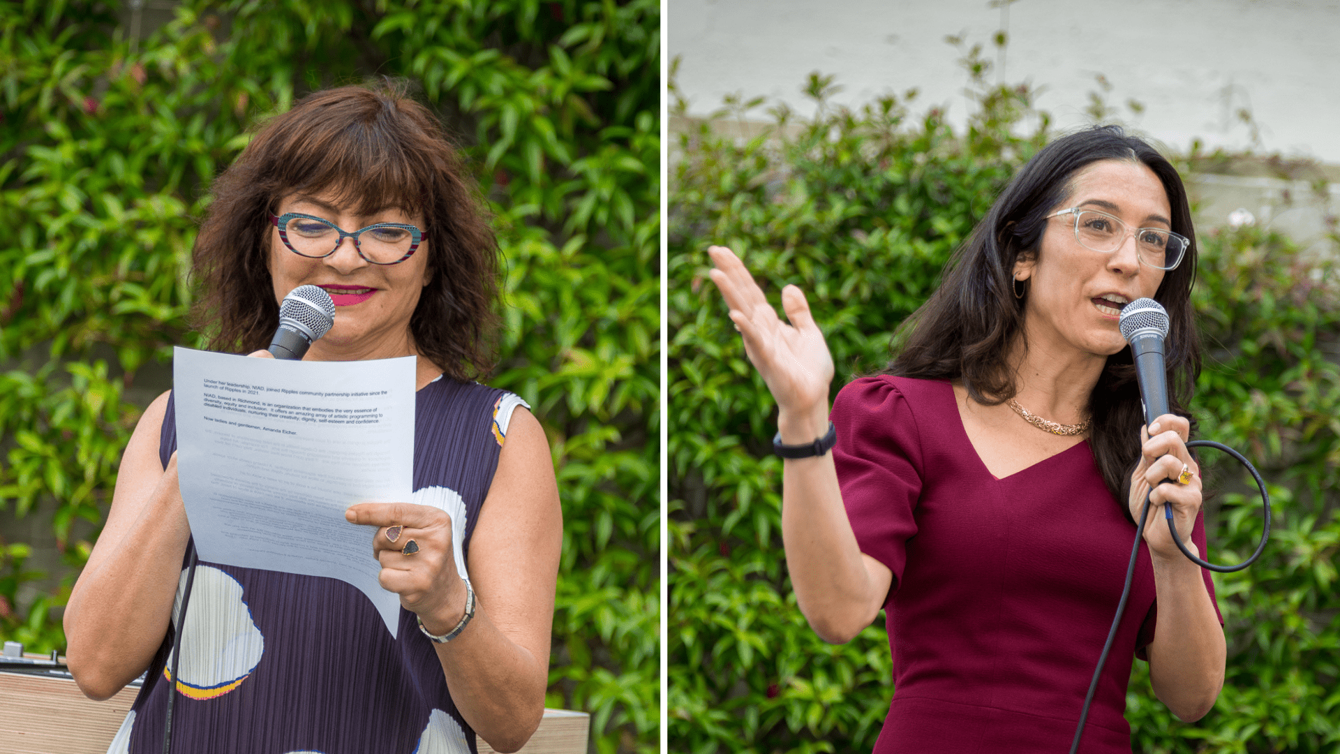 A collage of photos featuring Art curator Esther Mallouh and UC Law SF Board of Directors Chair Simona Agnolucci in the quad.