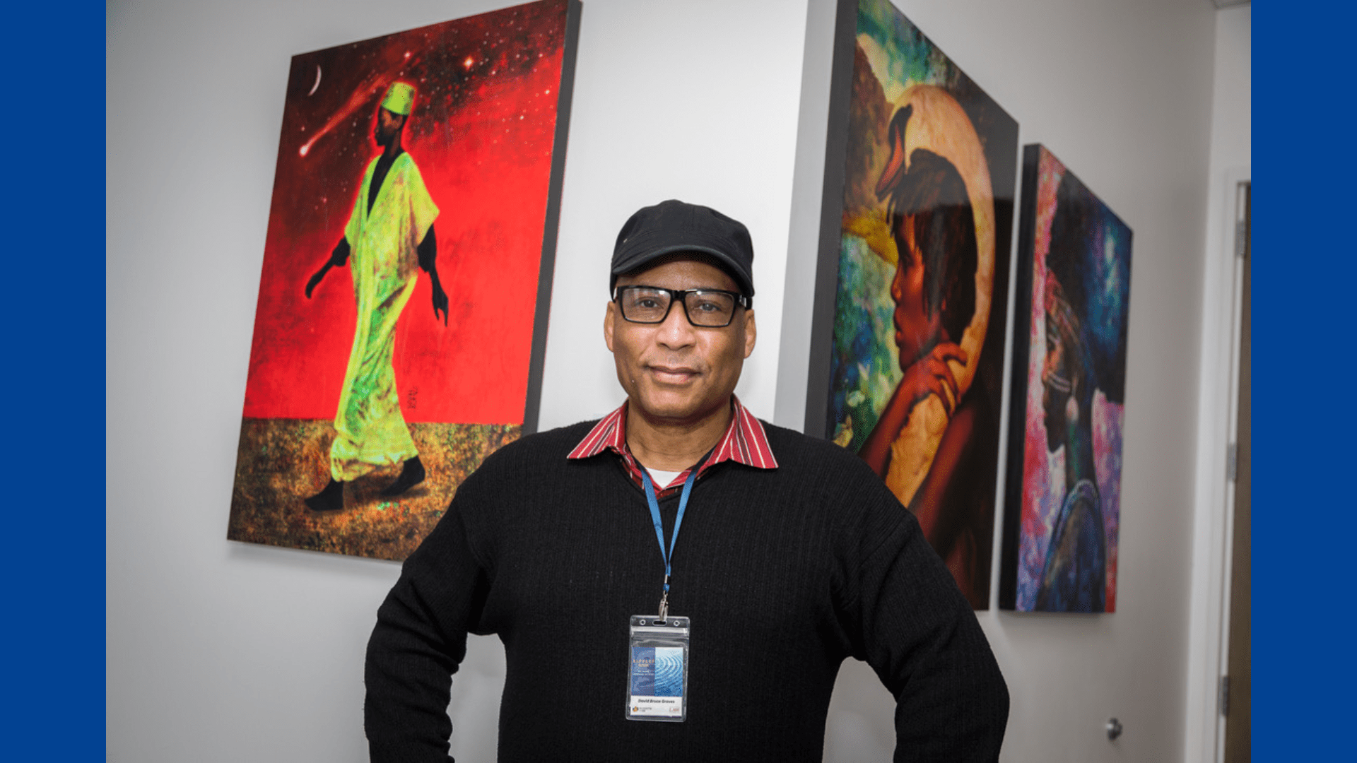Artist David Bruce Graves with his pieces on display in the Cotchett Law Center.