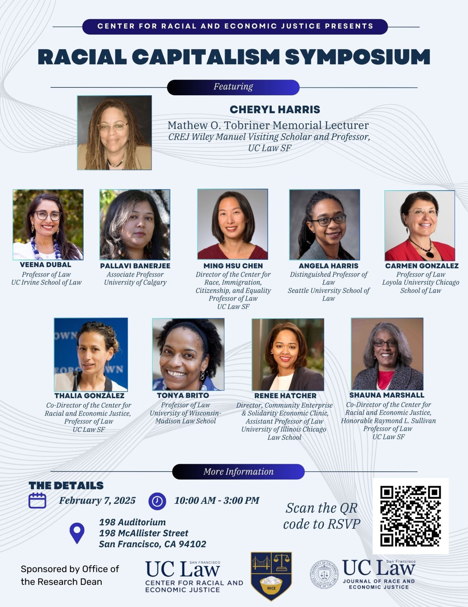 Racial Capitalism Symposium flyer featuring key speakers, event details, and registration information for a law-focused event on February 7, 2025.