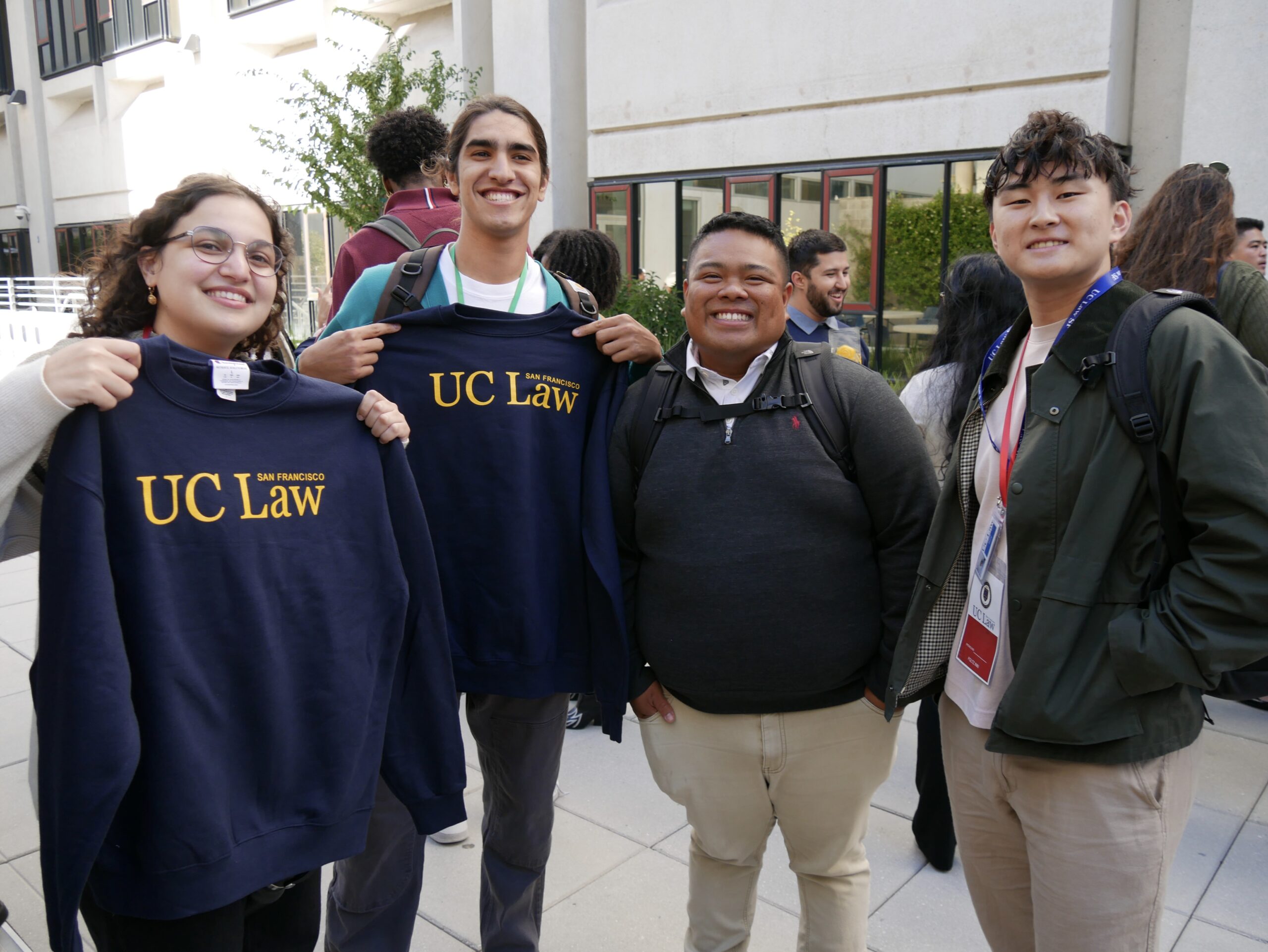 First-year law students show off their new UC Law SF sweatshirts