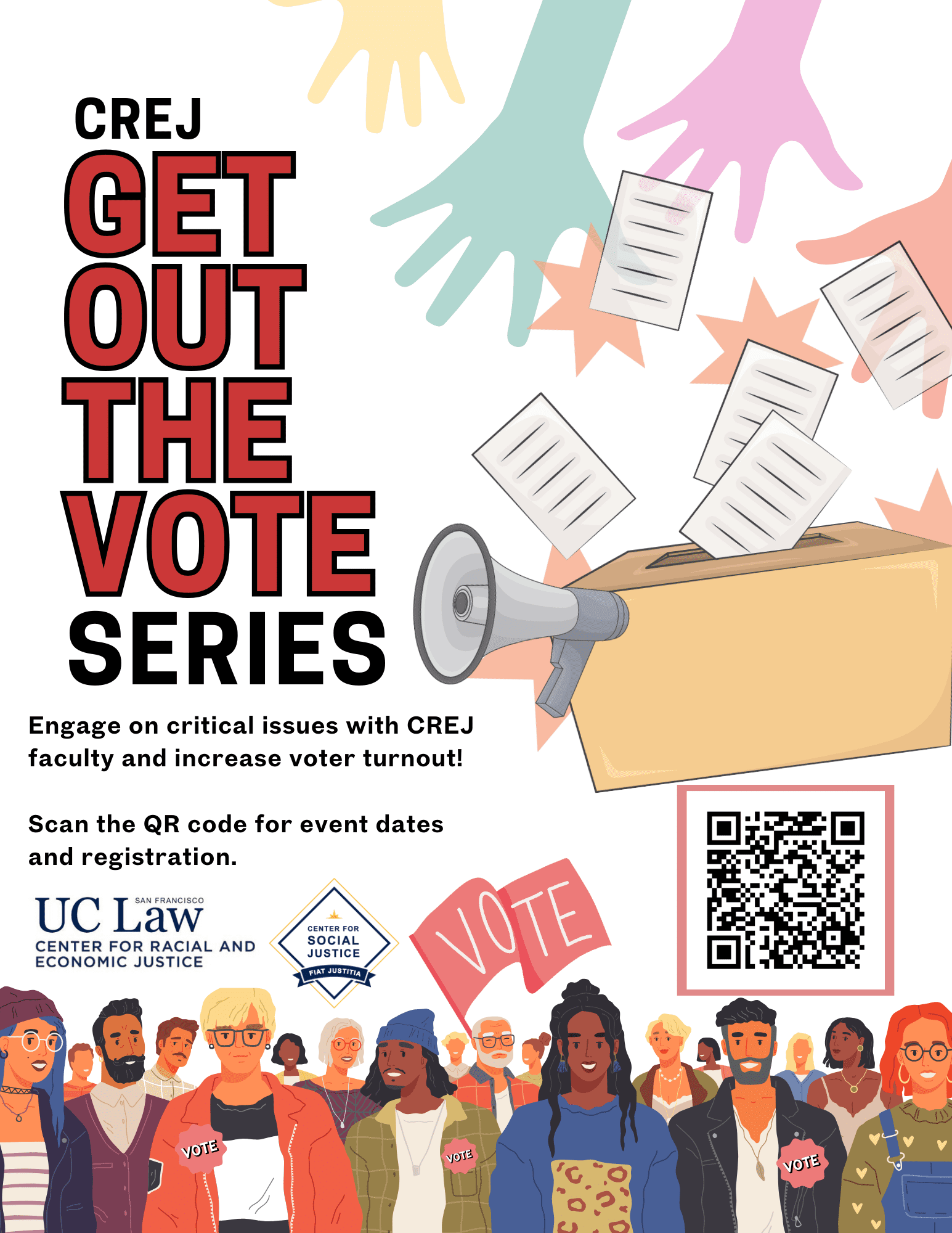 Engage with the CREJ Get Out the Vote Series, featuring events on critical issues and voter turnout. Scan the QR code for registration details.