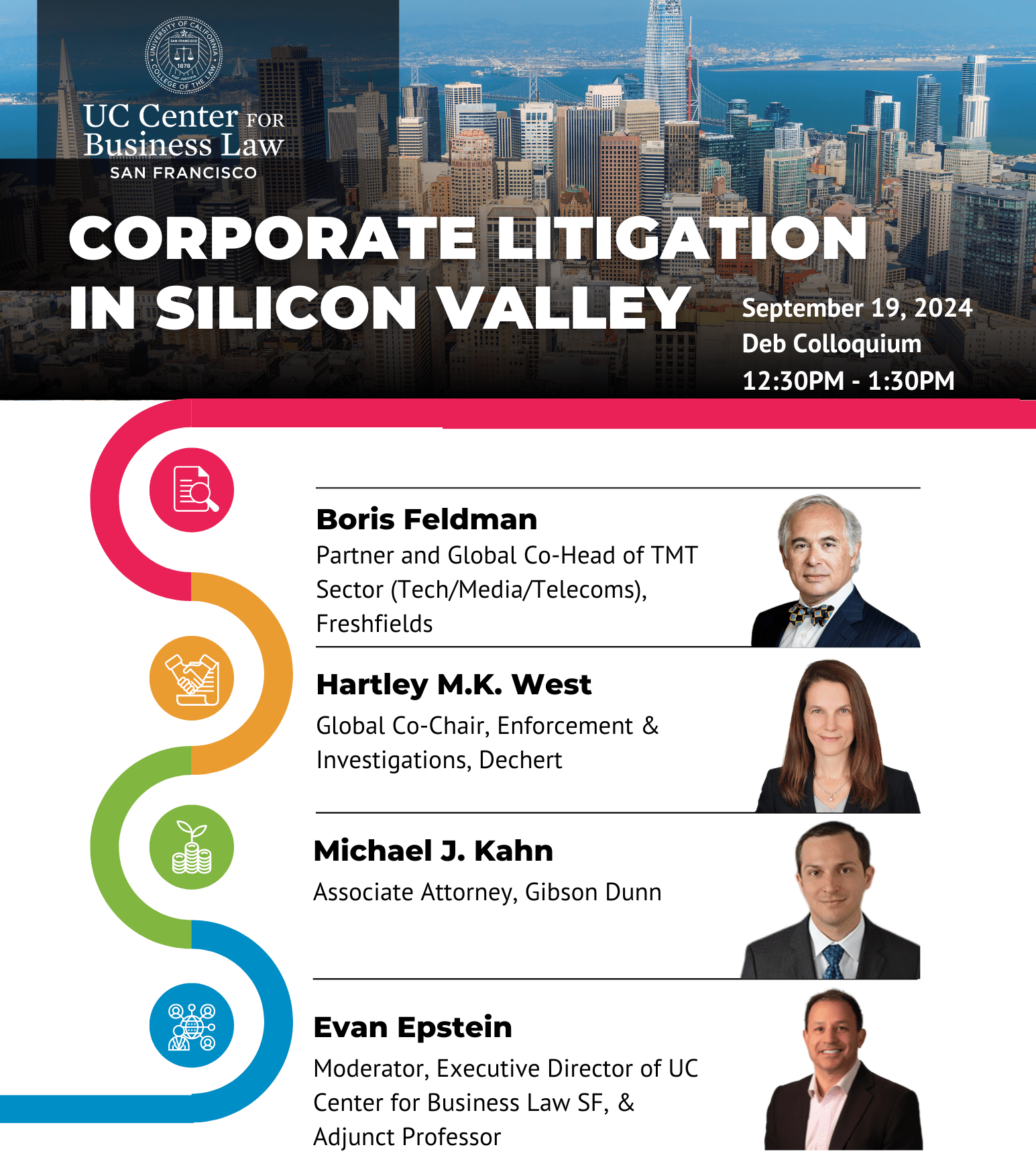Image depicting details of a lunch event titled "Corporate Litigation in Silicon Valley," featuring a panel of attorneys, date, and time information.