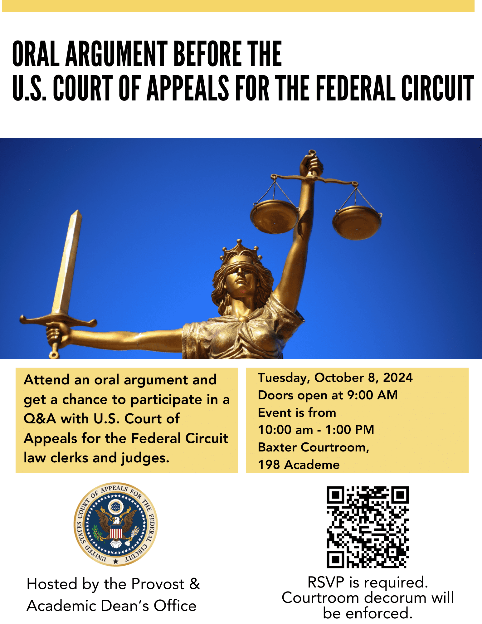Oral argument announcement for the U.S. Court of Appeals for the Federal Circuit, detailing event date, time, and location. QR code included.