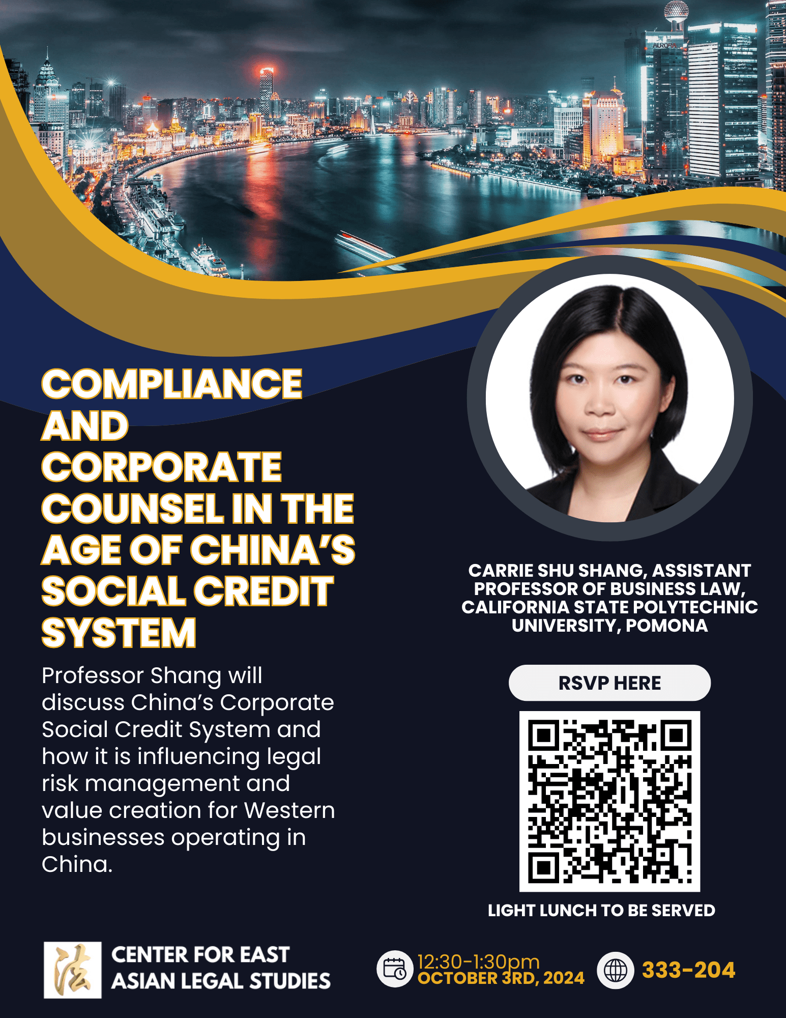 Compliance and Corporate Counsel event flyer featuring a cityscape background, details about the speaker, and RSVP information.