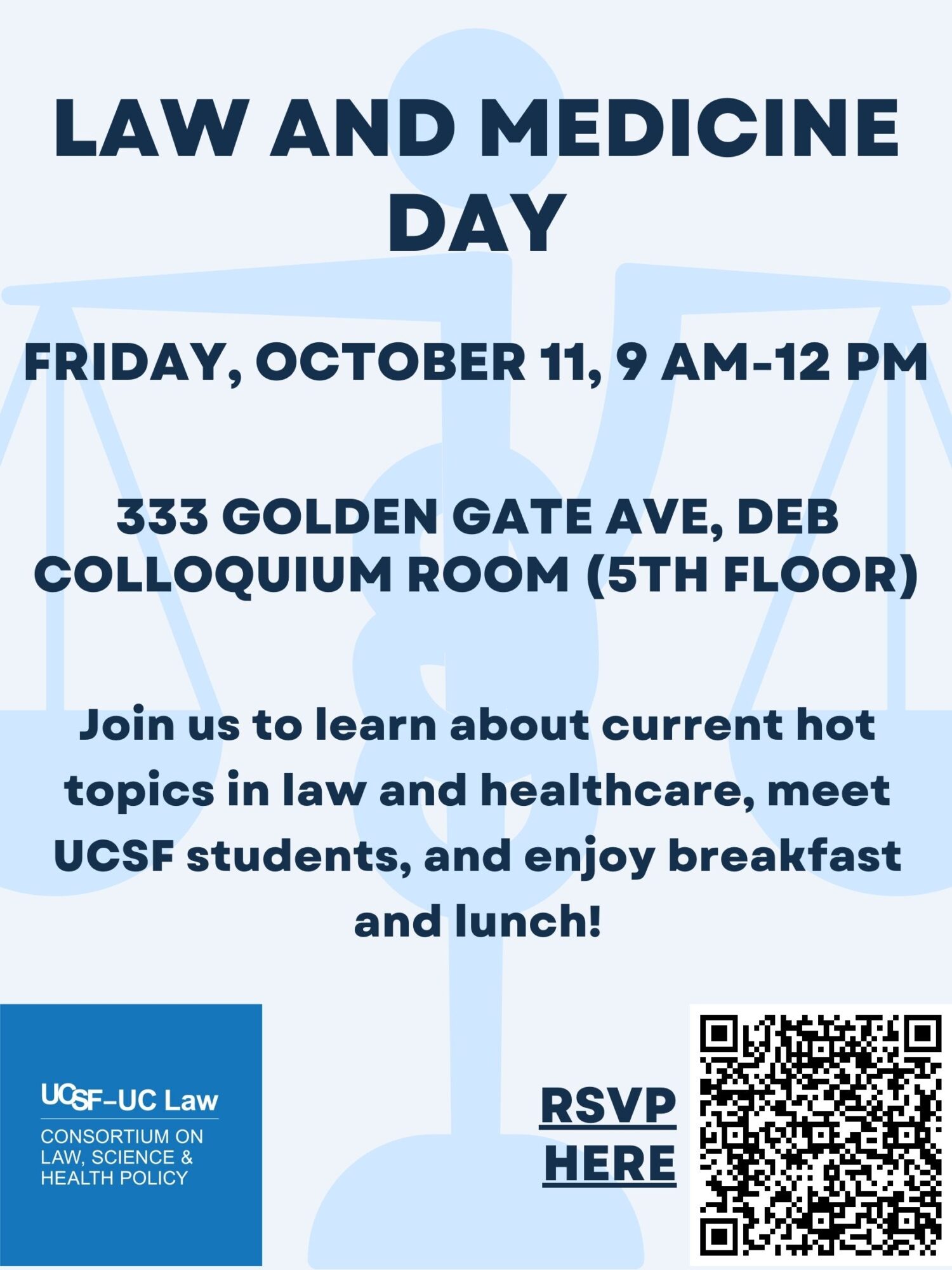 Law and Medicine Day event details, including date, time, location, and RSVP information with a QR code.