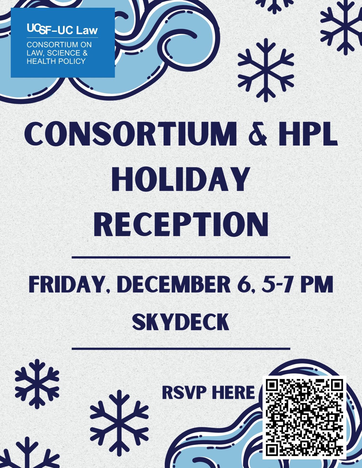 RSVP for the Consortium and HPL Holiday Reception on December 6, 5-7 PM at Skydeck. Snowflakes and waves are decorative elements.