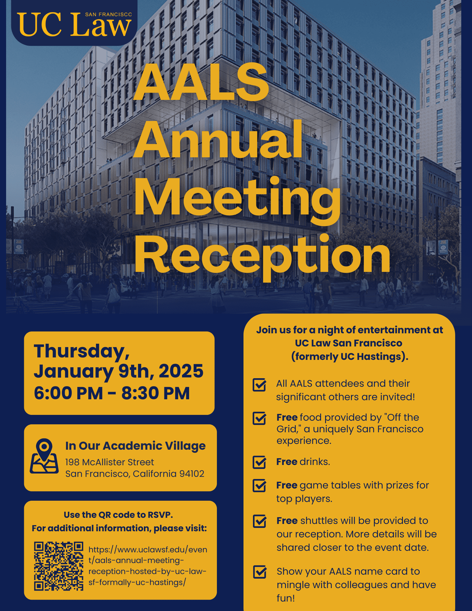 Join us for an AALS reception on January 9, 2025, at UC Law San Francisco, featuring food, drinks, games, and shuttles from the Moscone Center.