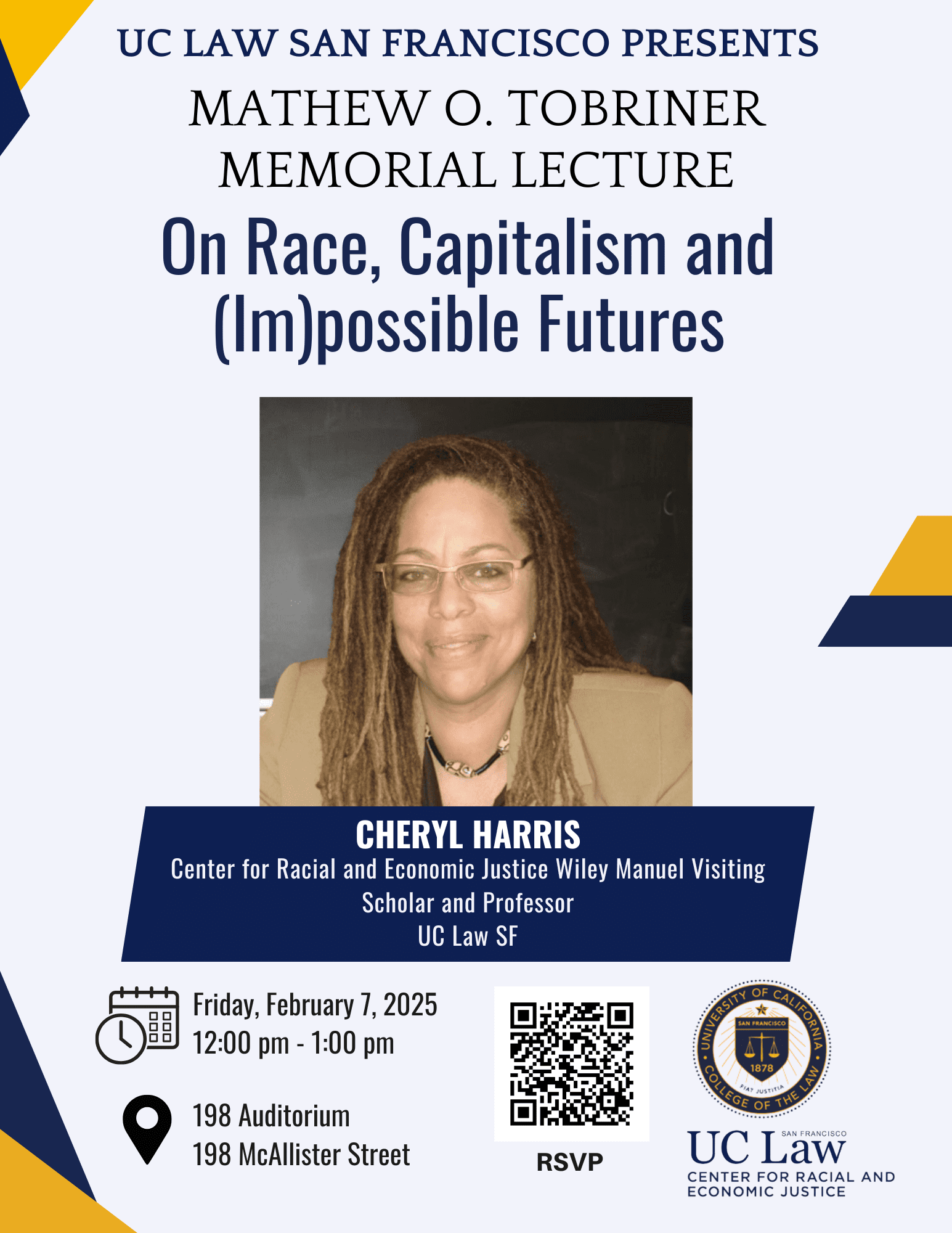 Image illustrates an event flyer for the Mathew O. Tobriner Memorial Lecture featuring Cheryl Harris, with details about the lecture date, time, location, and RSVP information.