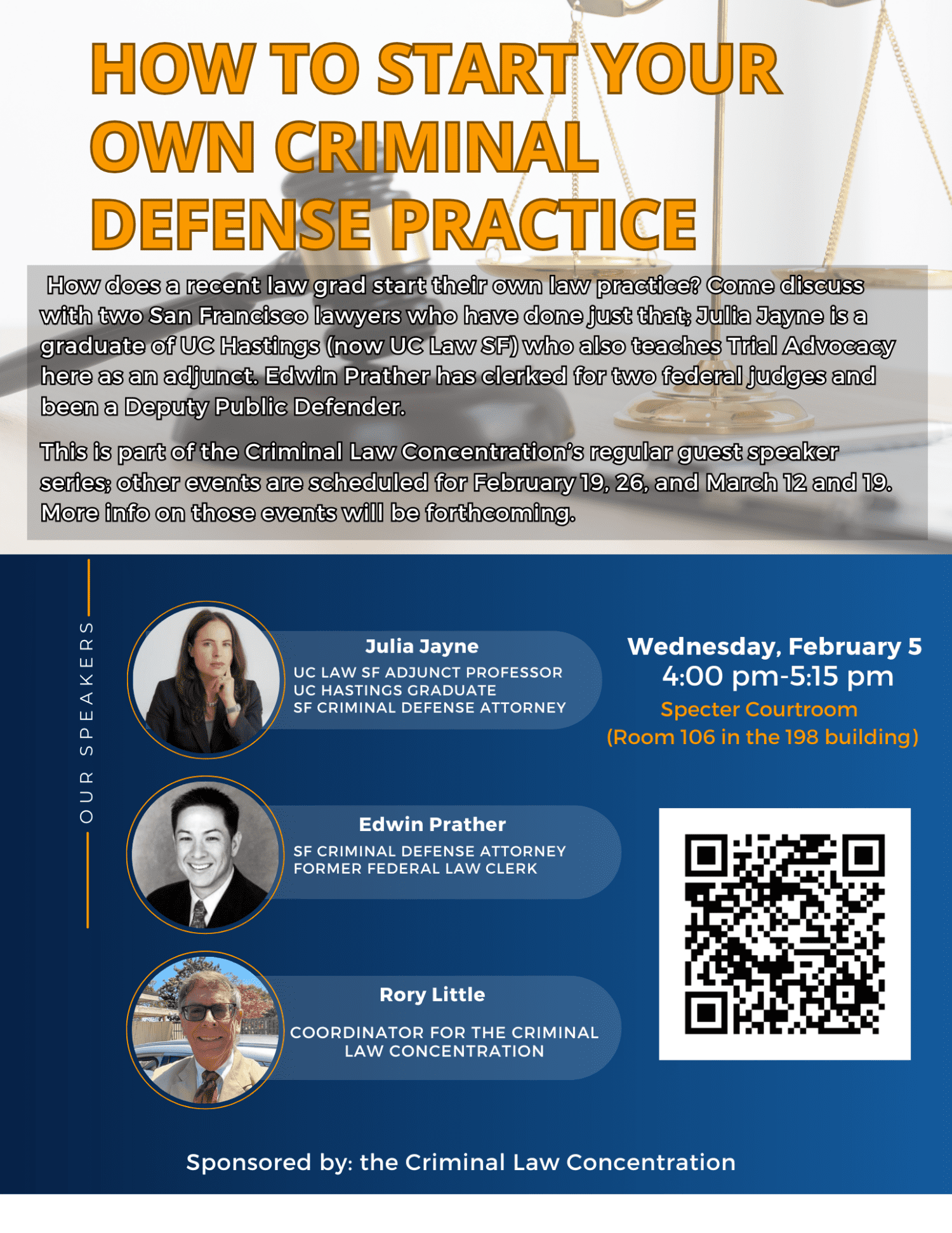 Image showing a promotional flyer for an event titled "How to Start Your Own Criminal Defense Practice," featuring speakers, date, and location details.