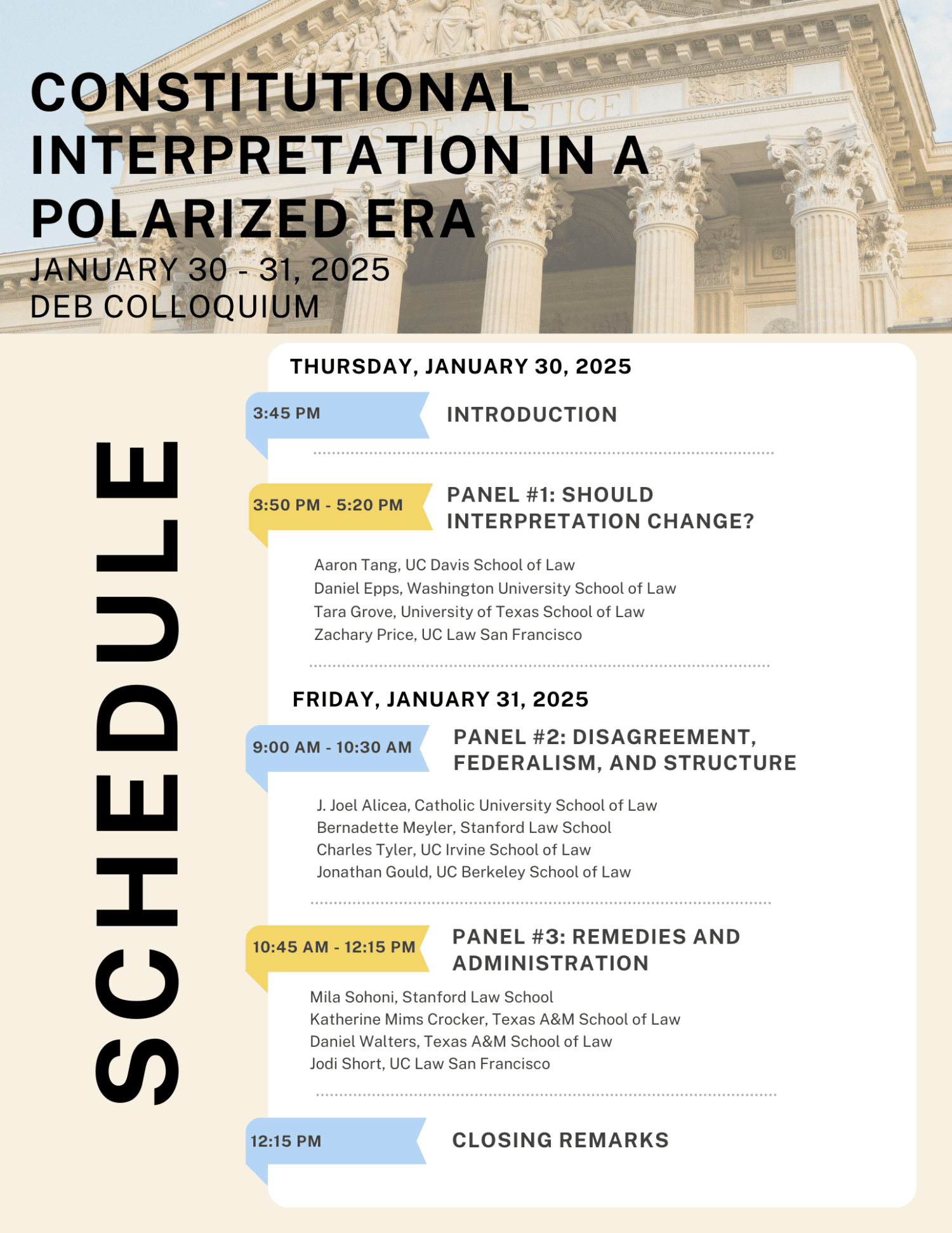 Program schedule for the "Constitutional Interpretation in a Polarized Era" colloquium, January 30-31, 2025, featuring panels and speakers.
