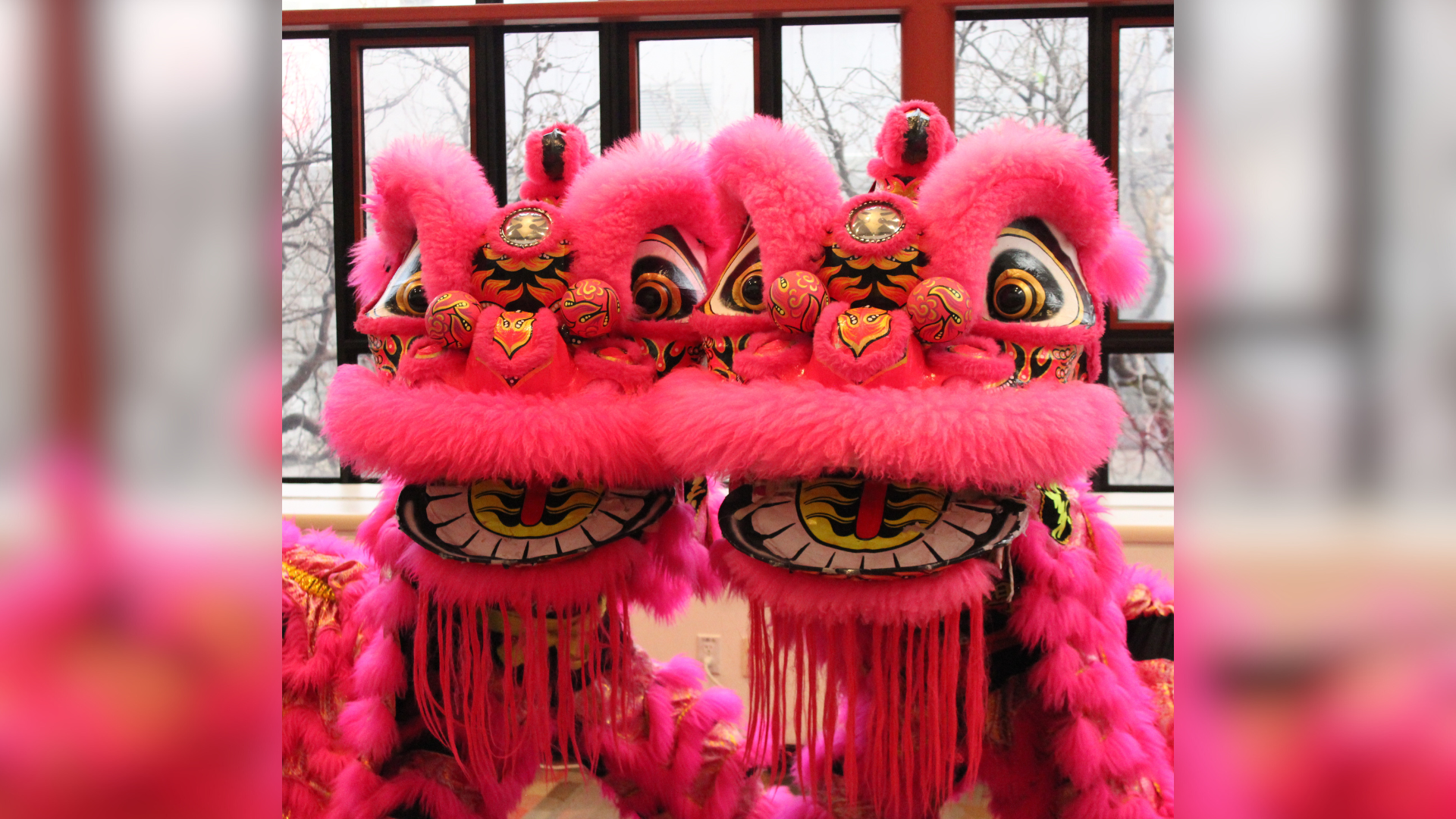 Two pink lion heads are depicted as part of a dancing lions performance in the dining commons.