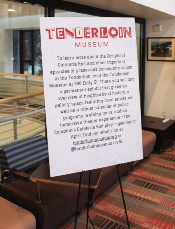 A sign describing the Tenderloin Museum's work