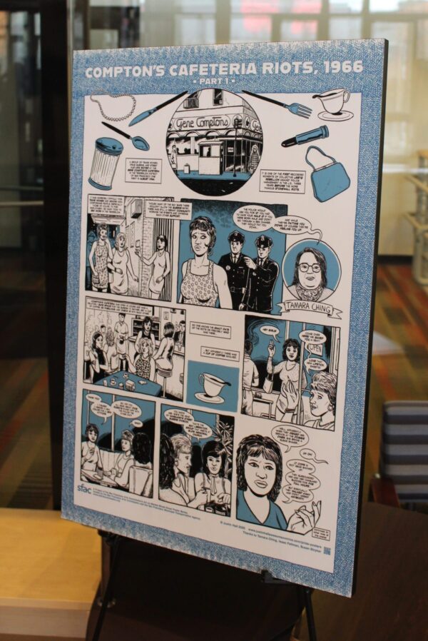 A graphic-novel-inspired poster describing the Compton's Cafeteria Riots.