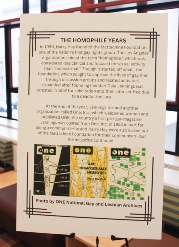 A poster discussing mid-20th century moments in the LGBTQ+ rights movement.