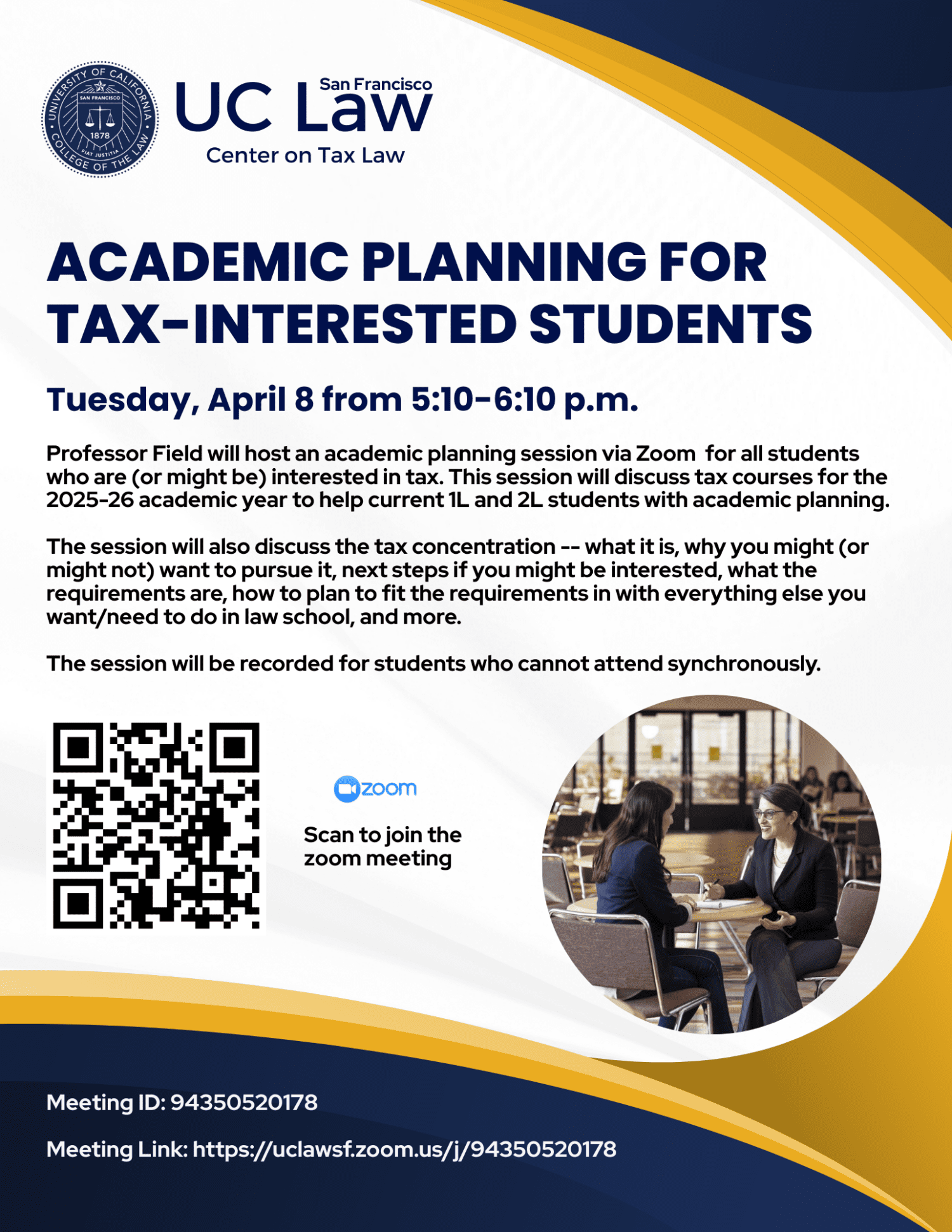 Scan the QR code to join a Zoom meeting for an academic planning session about tax courses for law students.