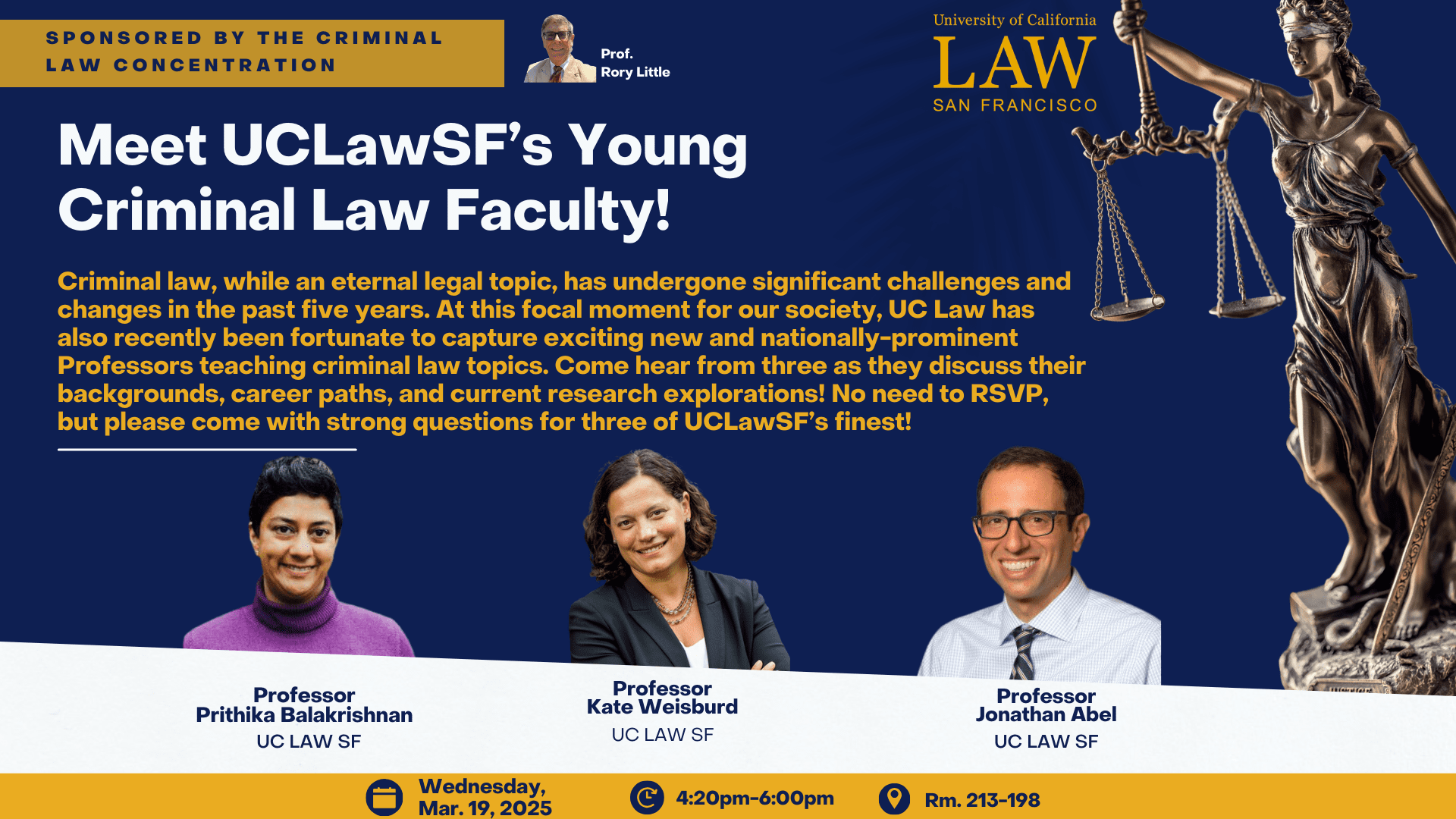 Meet UC Law SF's Young Criminal Law Faculty event announcement featuring professors and details about the session.