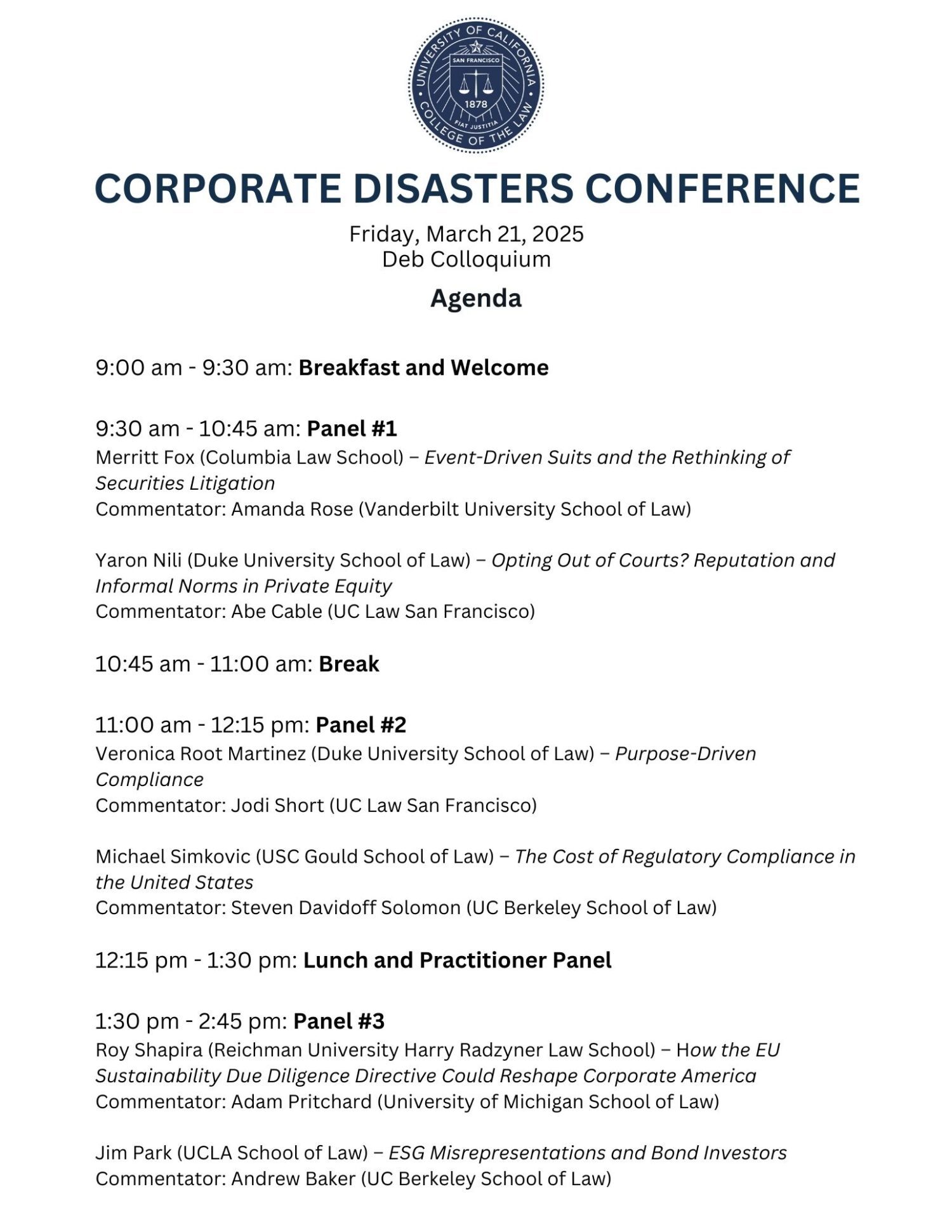 Corporate Disasters Conference agenda for March 21, 2025, including panel topics and speakers from various law schools.