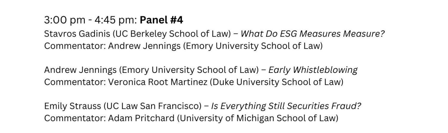 Corporate Disasters Conference agenda for March 21, 2025, including panel topics and speakers from various law schools.