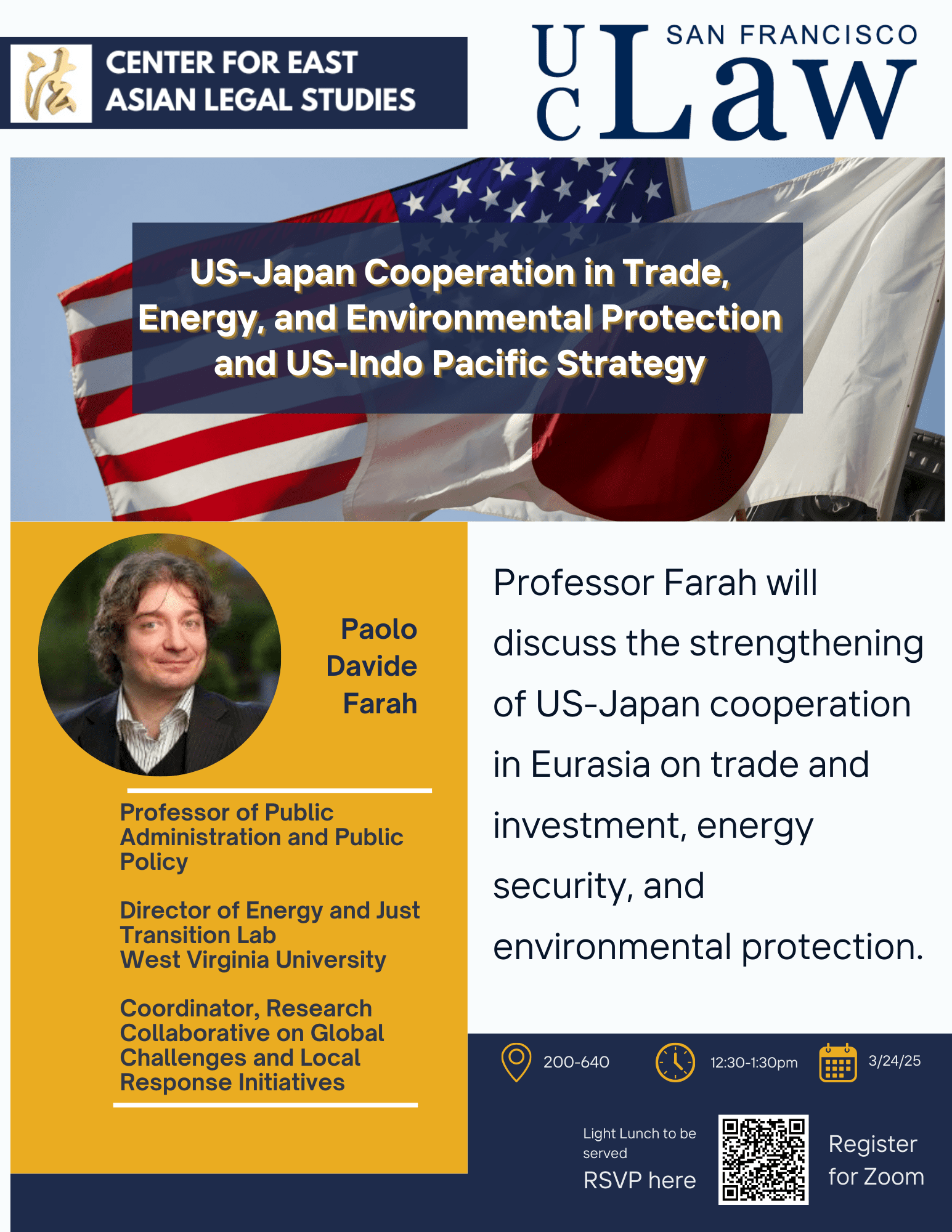 Image showing an event flyer for a discussion on US-Japan cooperation in trade, energy, and environmental protection, featuring speaker Paolo Davide Farah.
