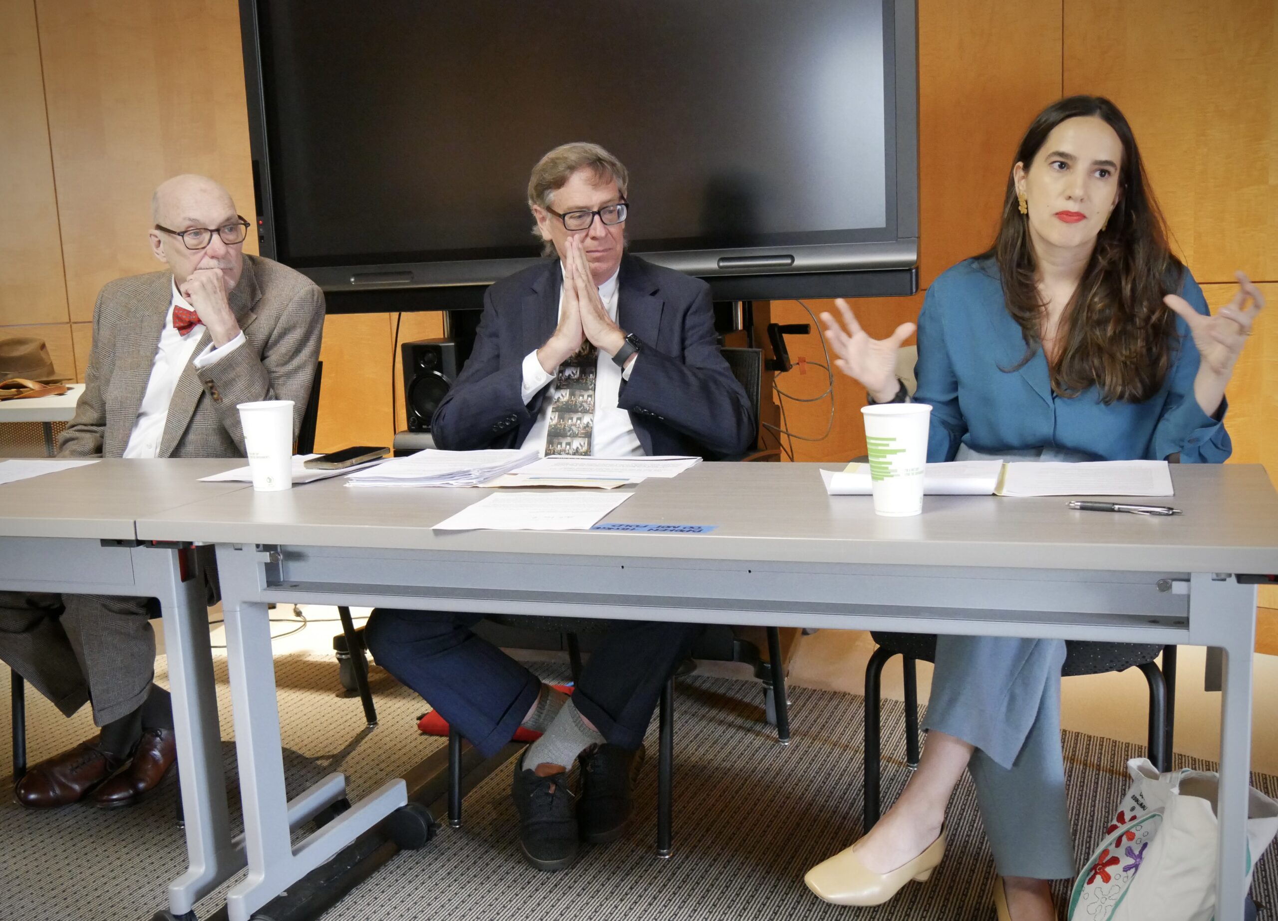 Three professors sit behind a desk during a panel talk.