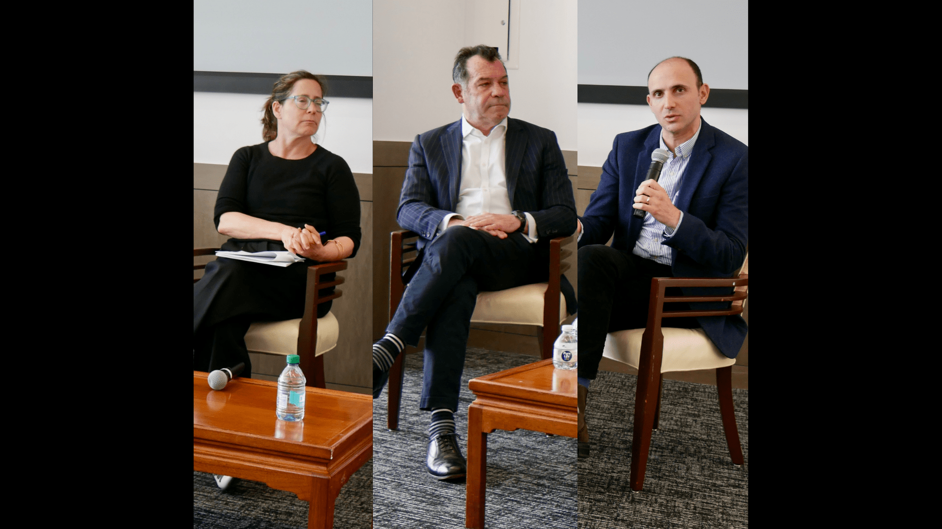 A collage of three panelists seated in chairs during a discussion.
