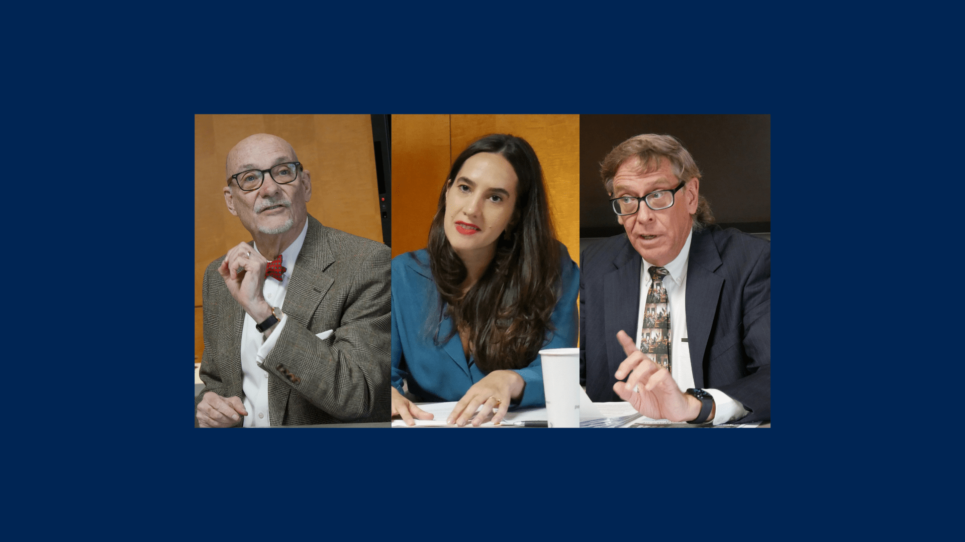 A composite photo of Professors Matt Coles, Natalia Ramirez Lee, and Rory Little in business attire.