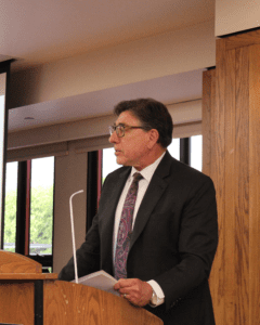 Chancellor & Dean Daivd Faigman speaking in the Alumni Reception Center