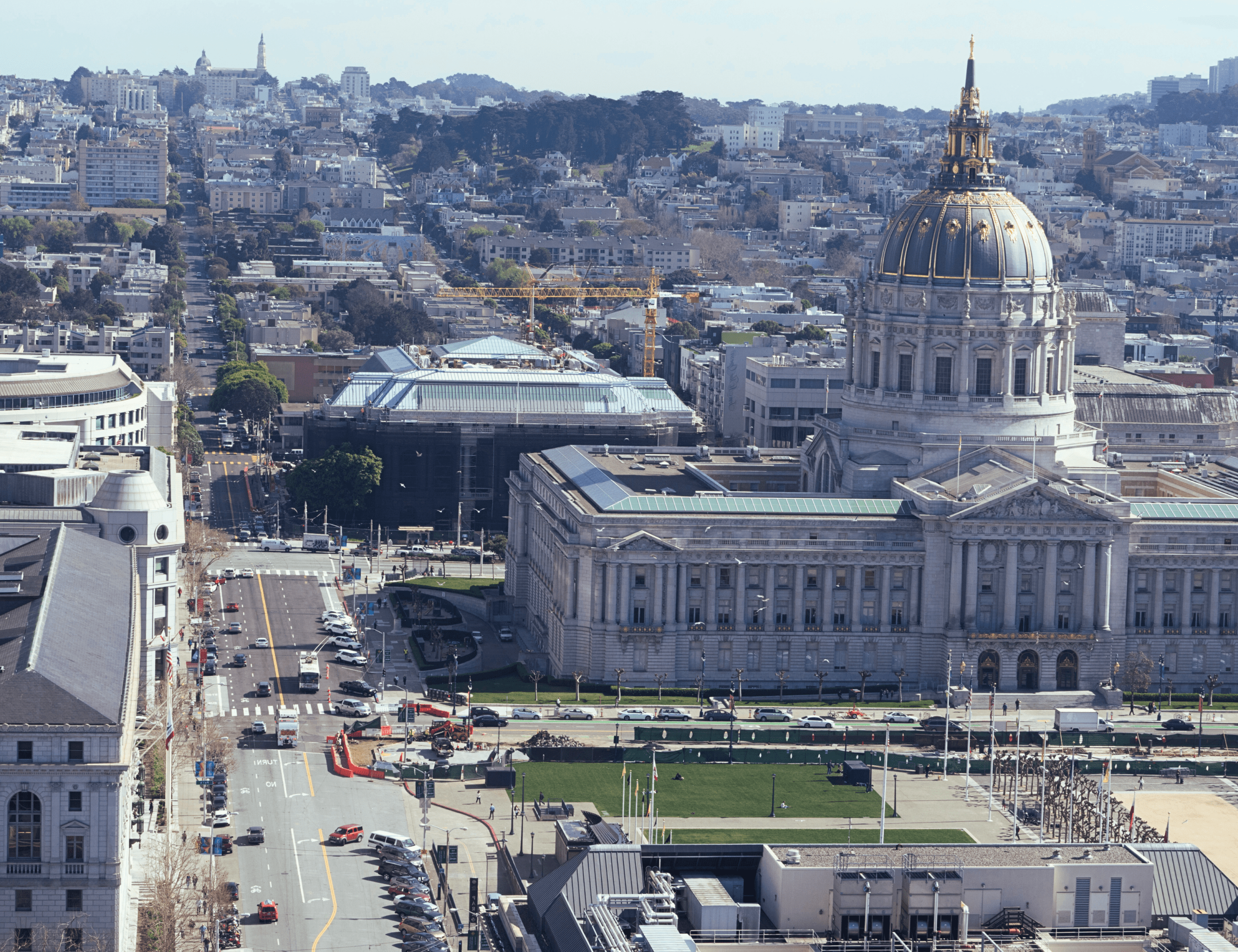 The San Francisco City Hall and surrounding streets, viewed from the air.