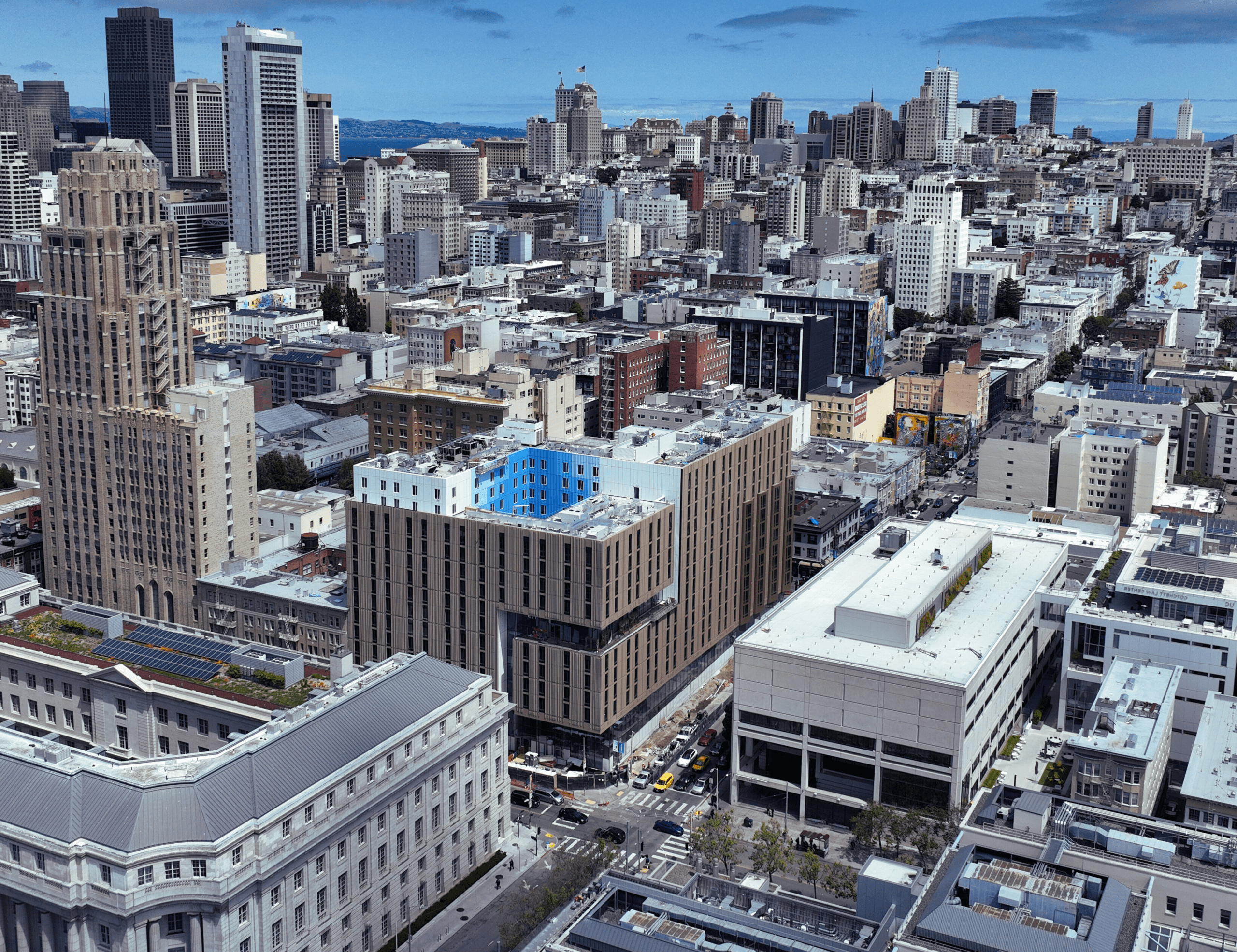 The UC Law SF campus and city buildings from the air.