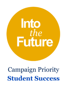 The Into the Future logo in an orange circle with Campaign Priority Student Success