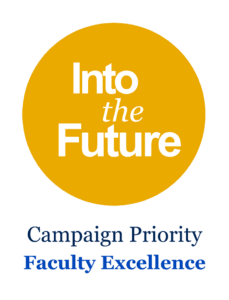 The Into the Future logo in an orange circle with Campaign Priority Faculty Excellence
