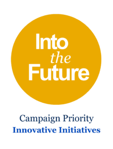 The Into the Future logo in an orange circle with Campaign Priority Innovative Initiatives