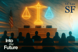 two rows of people sitting in a court room with the scales of justice depicted on the wall