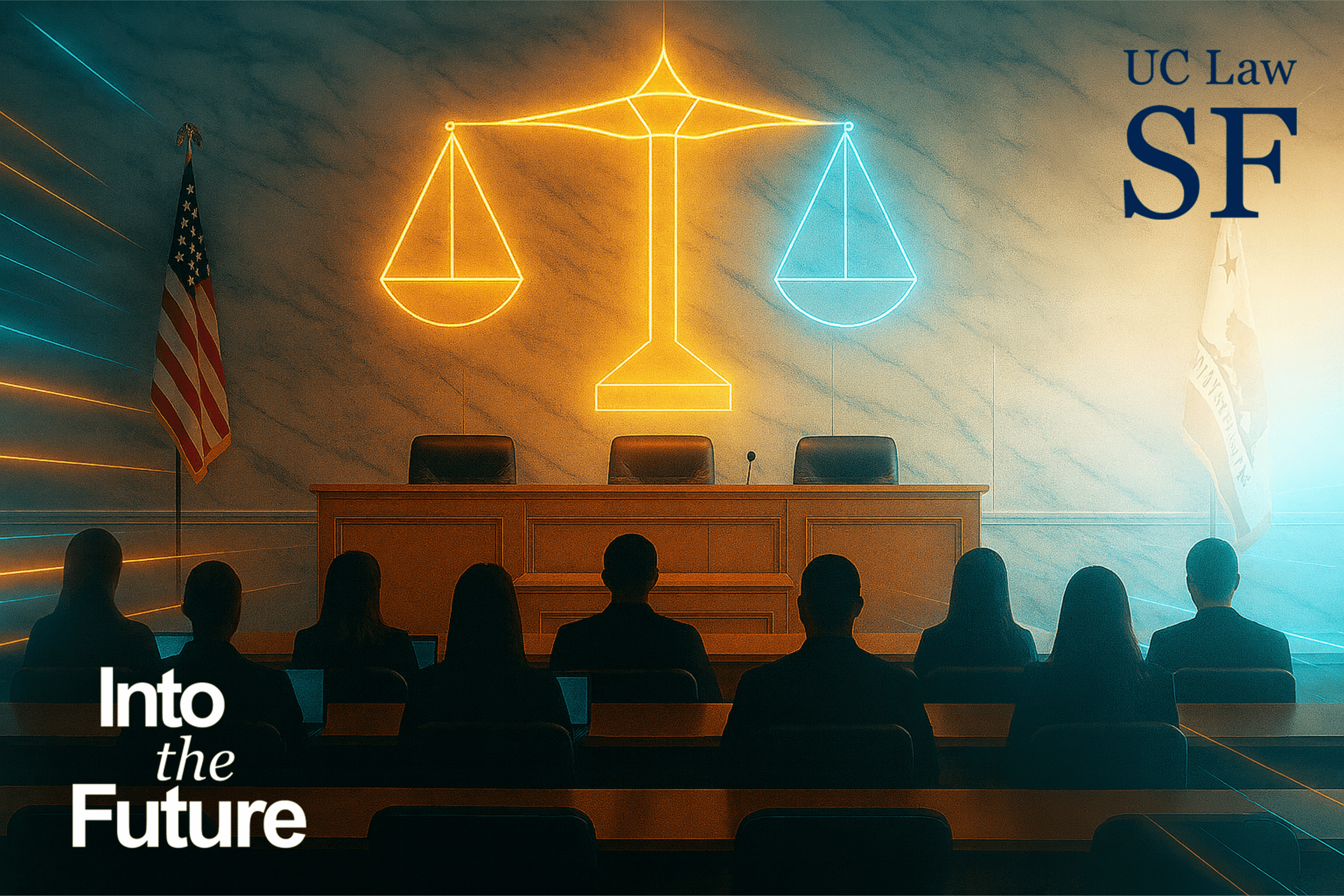 two rows of people sitting in a court room with the scales of justice depicted on the wall